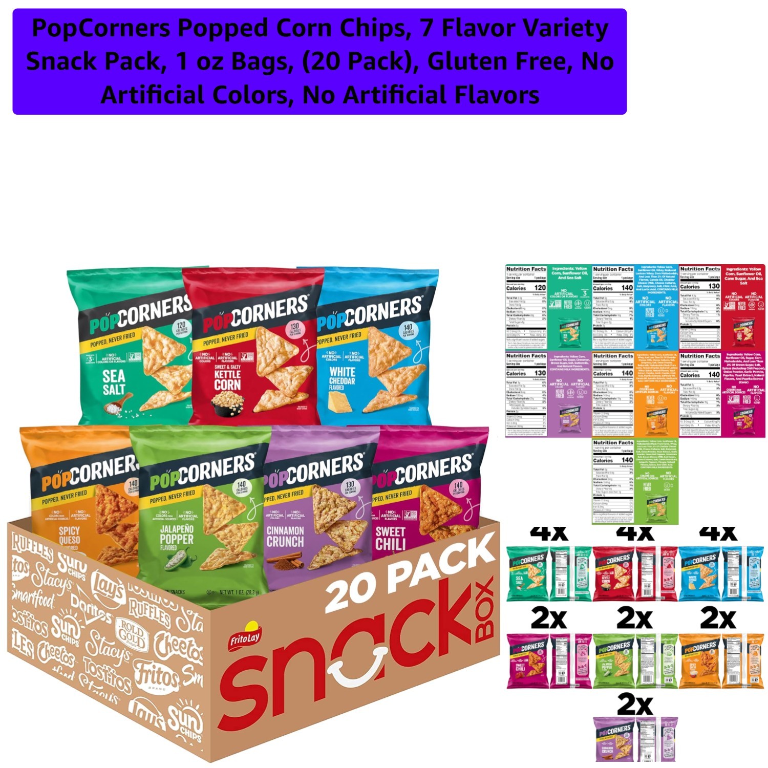 All-Natural Popped Corn Chips – 20 oz Variety Snack Pack, & Gluten Free