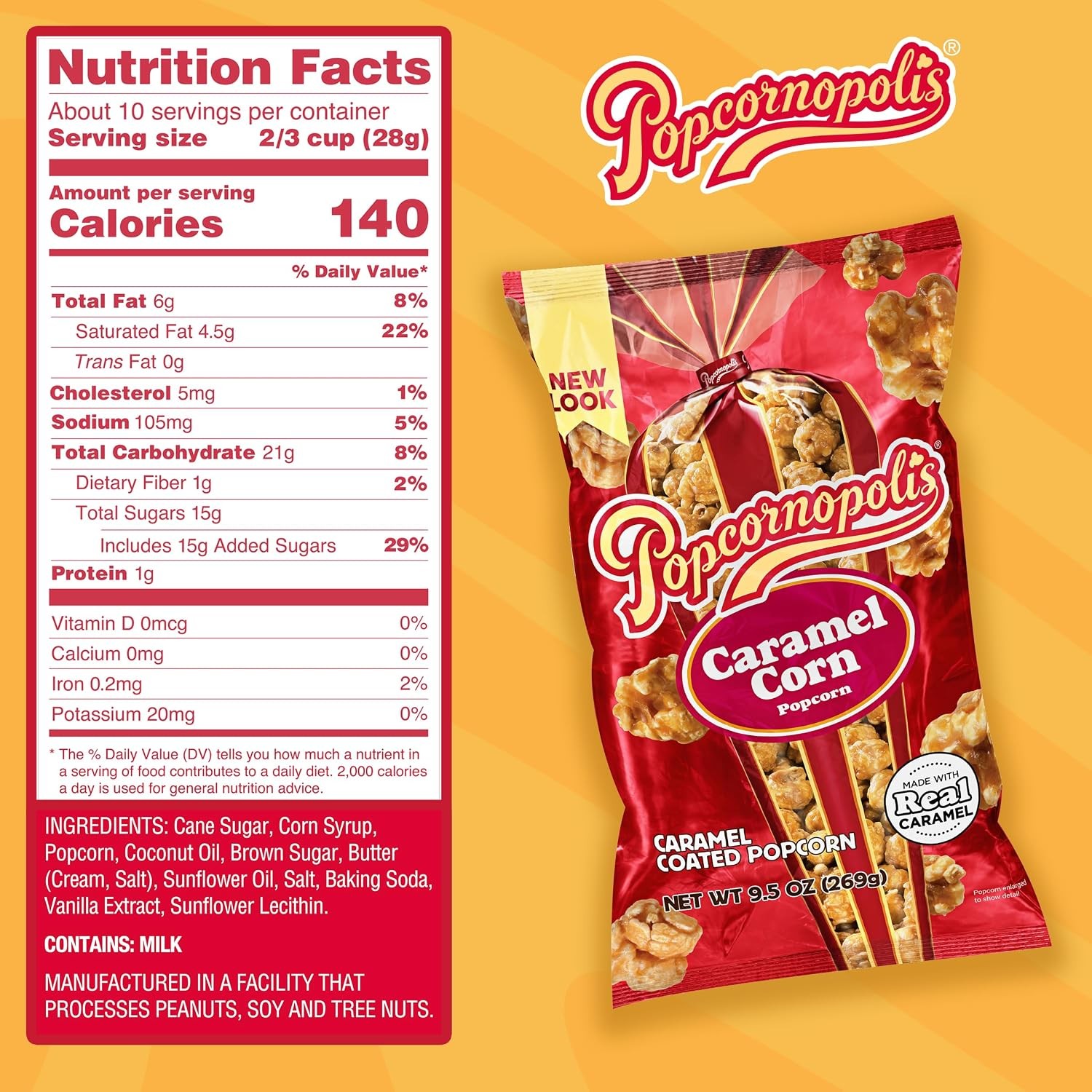 Caramel Popcorn 9.5oz Bag, Sweet Buttery Caramel Flavor, Non-GMO Gluten-Gourmet