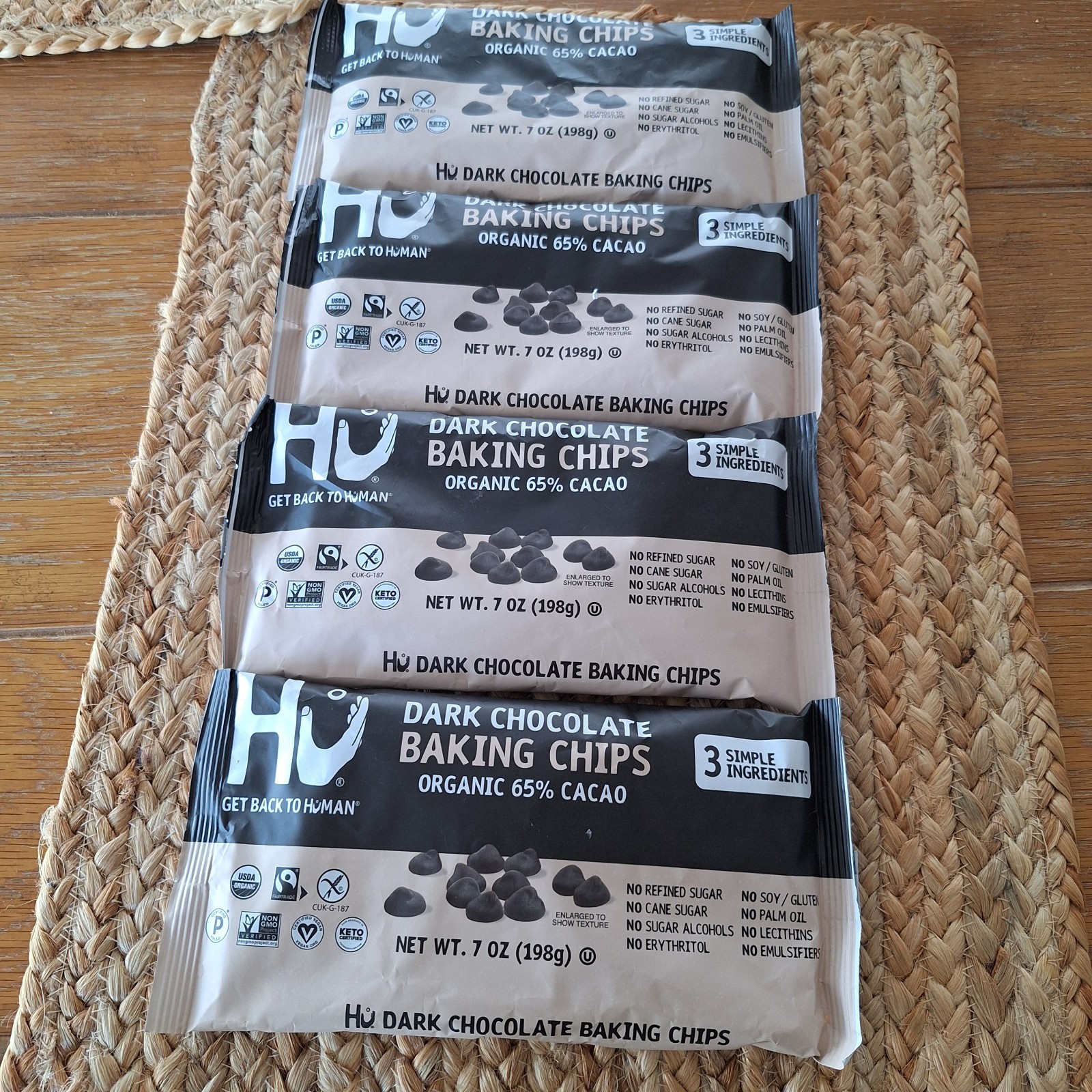 4 Bags Hu Organic Dark Chocolate Baking Chips 65% Cacao 10/2027