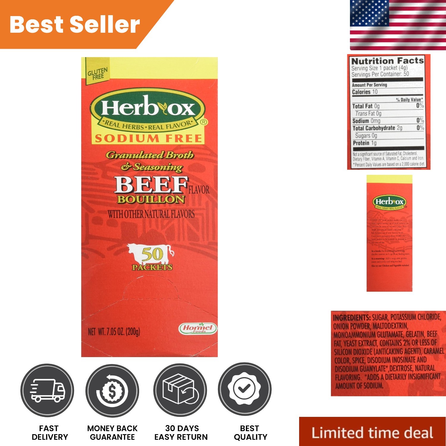 Convenient Granulated Beef Bouillon – 50 Sodium-Free Packets for Your Kitchen