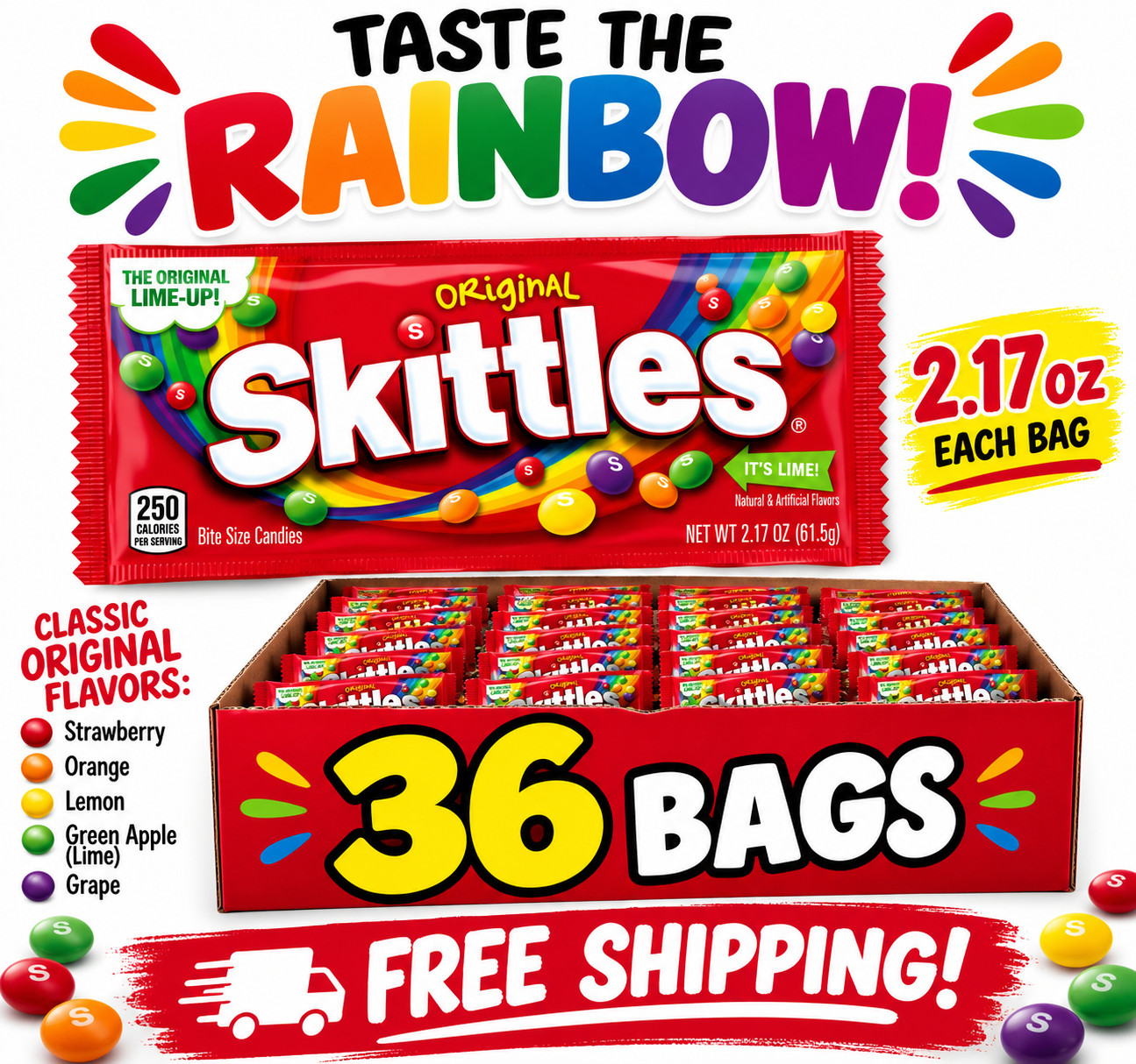 Skittles Original Chewy Candy, Full Size – 2.17 oz, 36 Bulk Candy pack