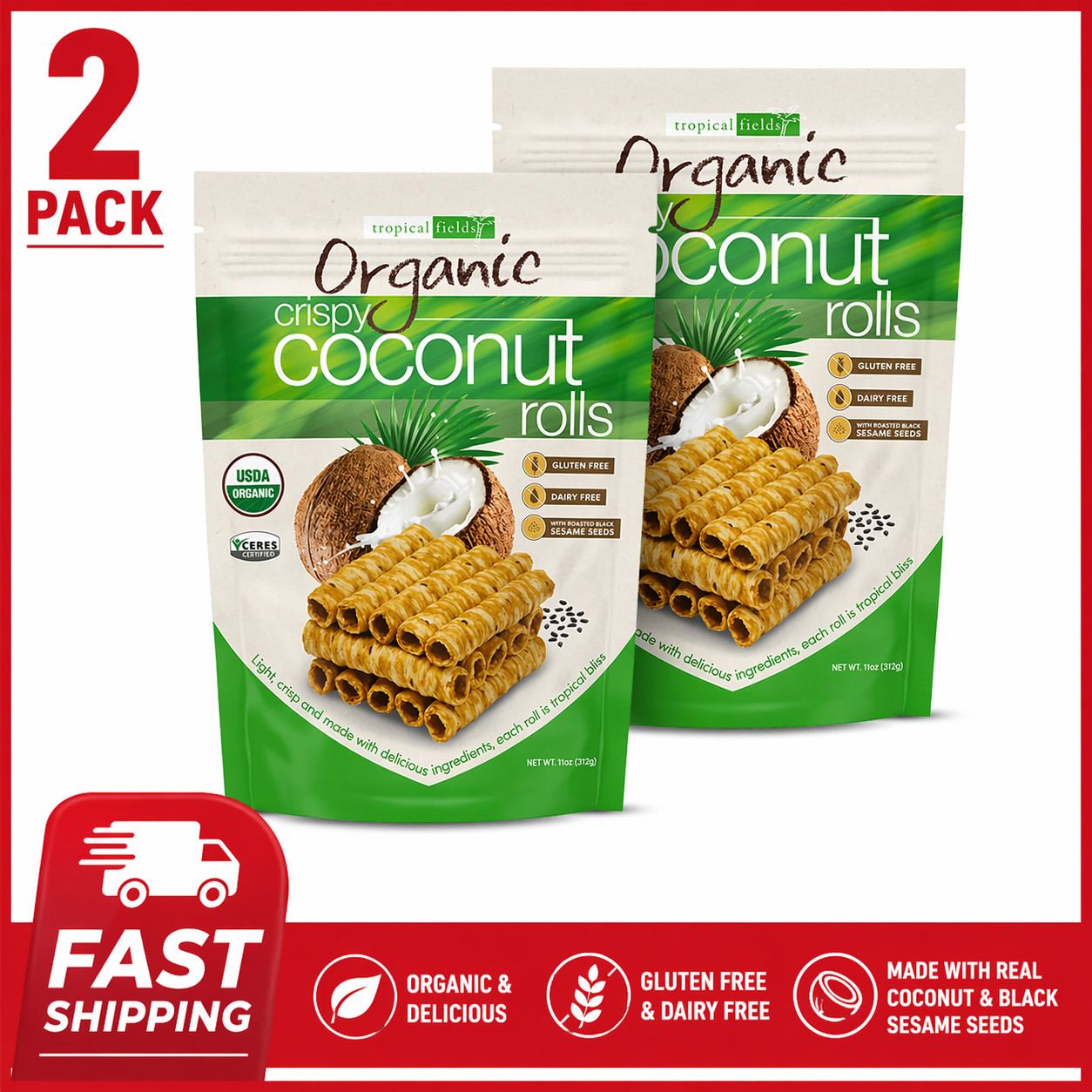 2 PACK Tropical Fields Organic Crispy Coconut Rolls, 11 OZ Each, FREE SHIPPING!!