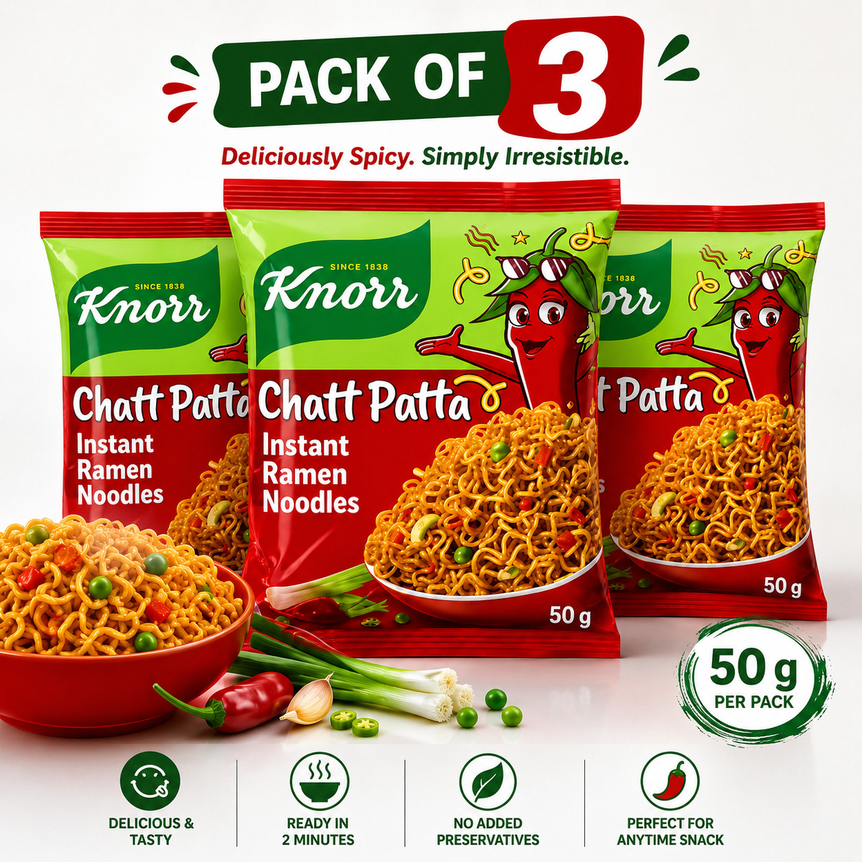 Pack of 3 Knorr Chatt Patta Instant Noodles 50g Halal Tangy Spicy Snack