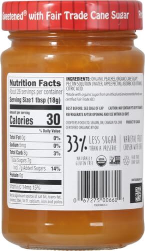 Crofter’s Organic Premium Peach Spread 16.5oz Fair Trade Cane Sugar