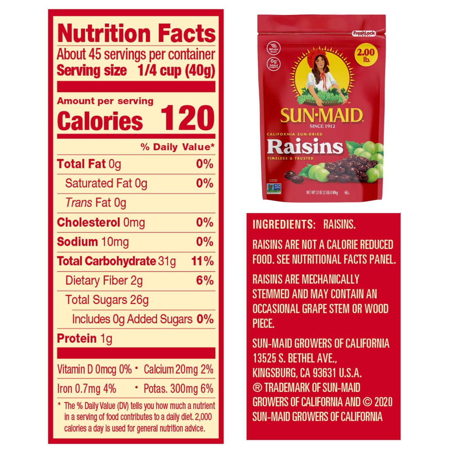 SunMaid California SunDried Raisins 2 Pack 32 oz Resealable Bag Snacks