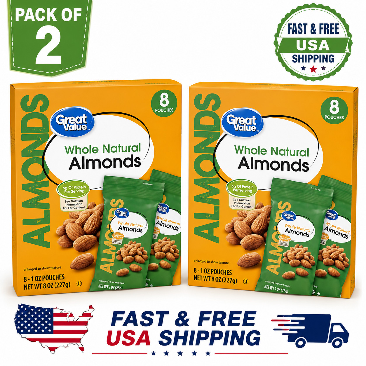 (Pack Of 2) Natural Whole Almonds 1oz Snack Packs 8 Count Ready To Eat