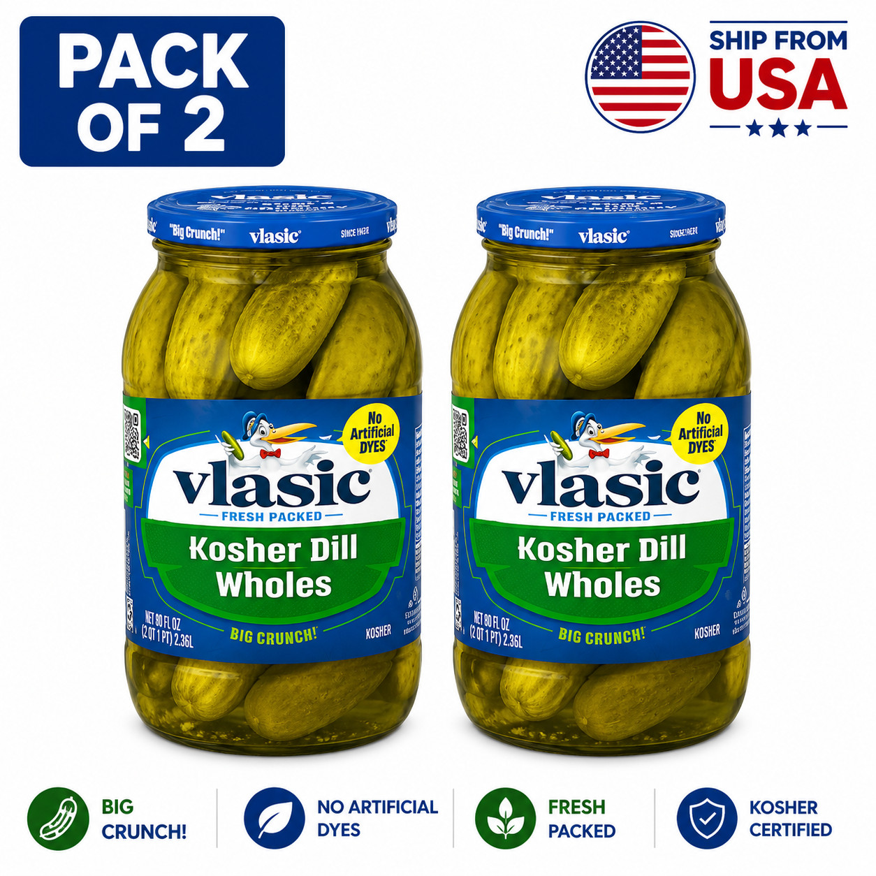 Vlasic Wholes Original Dill Pickles, Kosher Dill Pickles, 80 fl oz Jar pack of 2