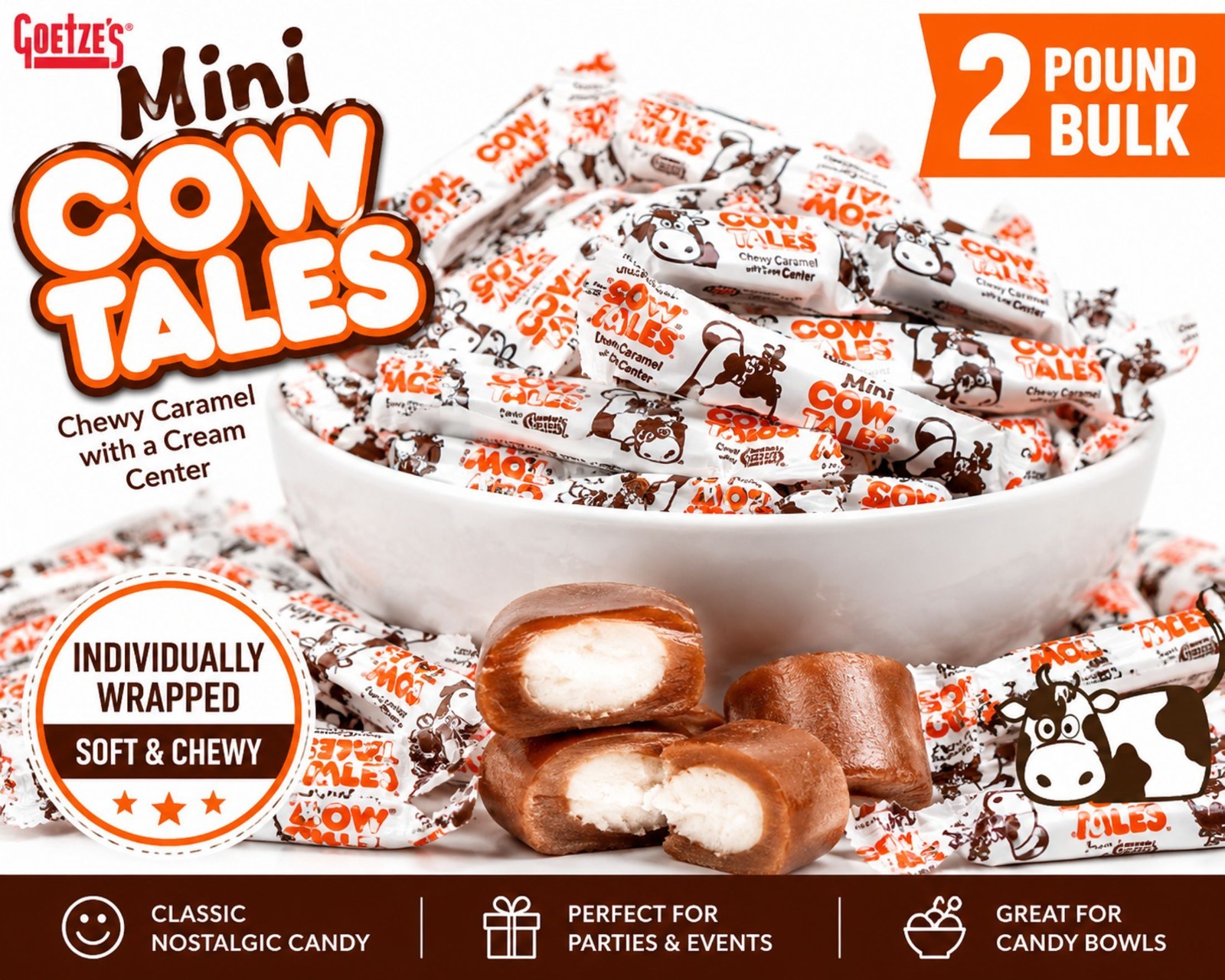 Goetze’s Mini Cow Tales Candy 2 lb Bulk Bag Individually Wrapped Caramel Creams