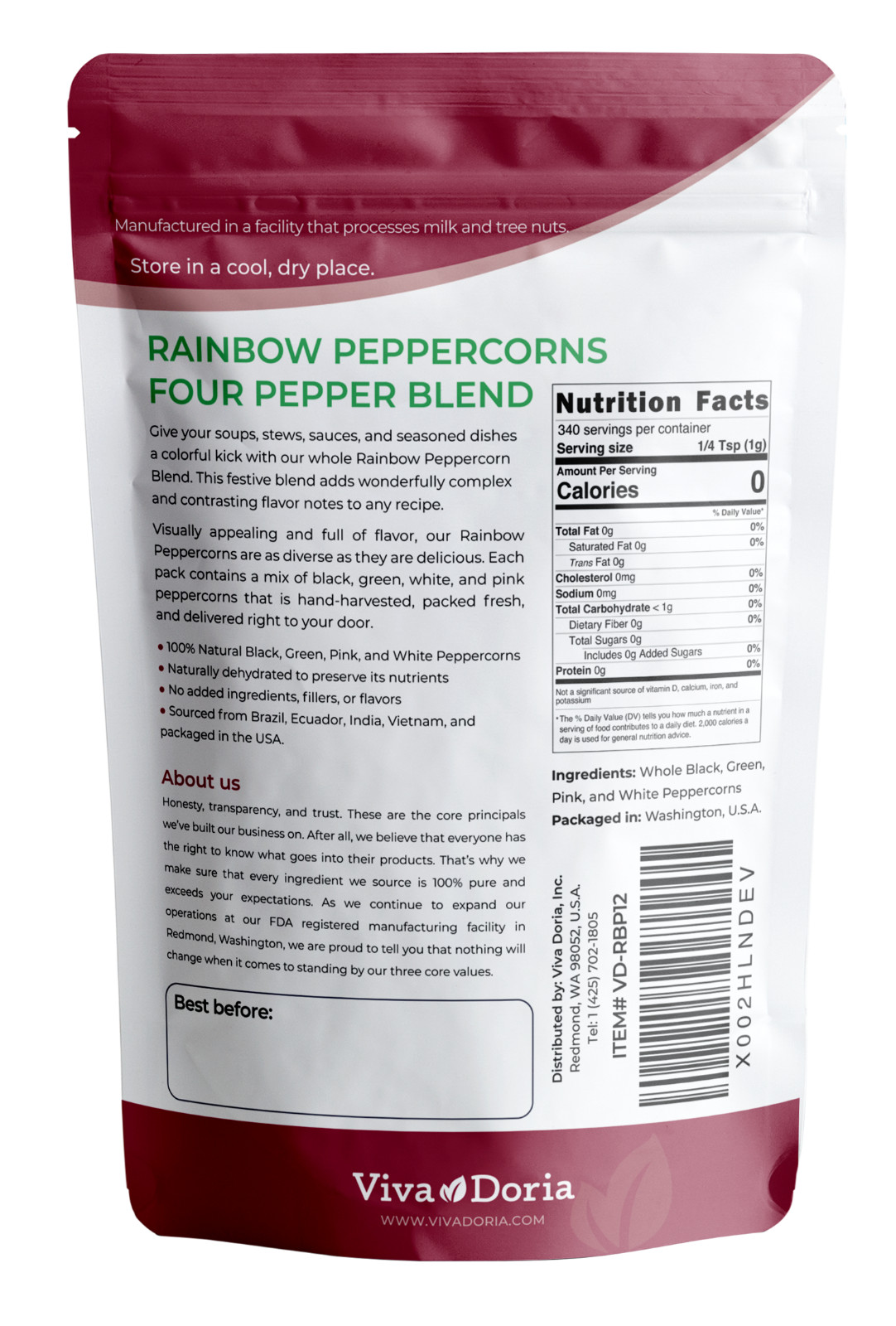 Viva Doria Rainbow Peppercorn, 12 oz – 4 Kind Whole Pepper Blend