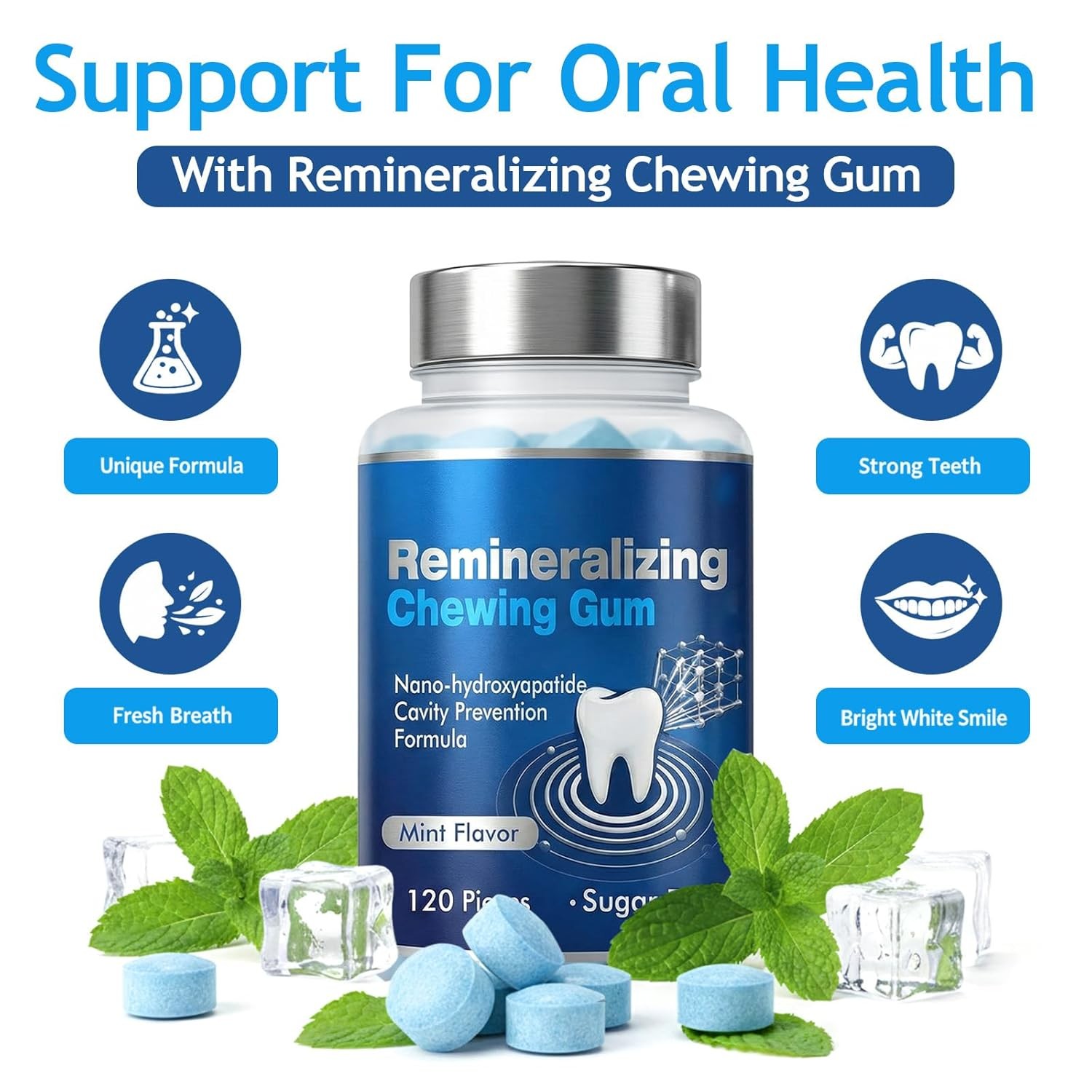 Nano Hydroxyapatite Remineralizing Gum 240 Count Xylitol Enamel Support Mint