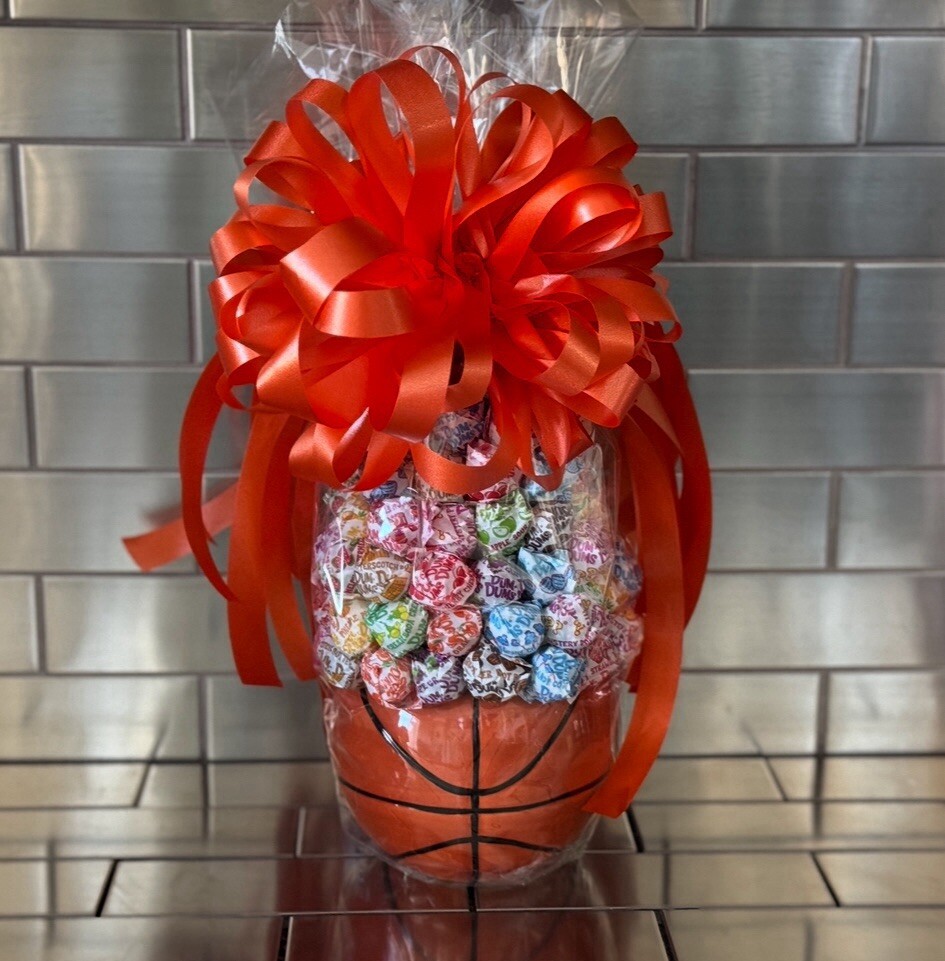 Candy Bouquet-Gift Basket Ceramic Basketball & Dum Dum Lollipops & Orange Bow