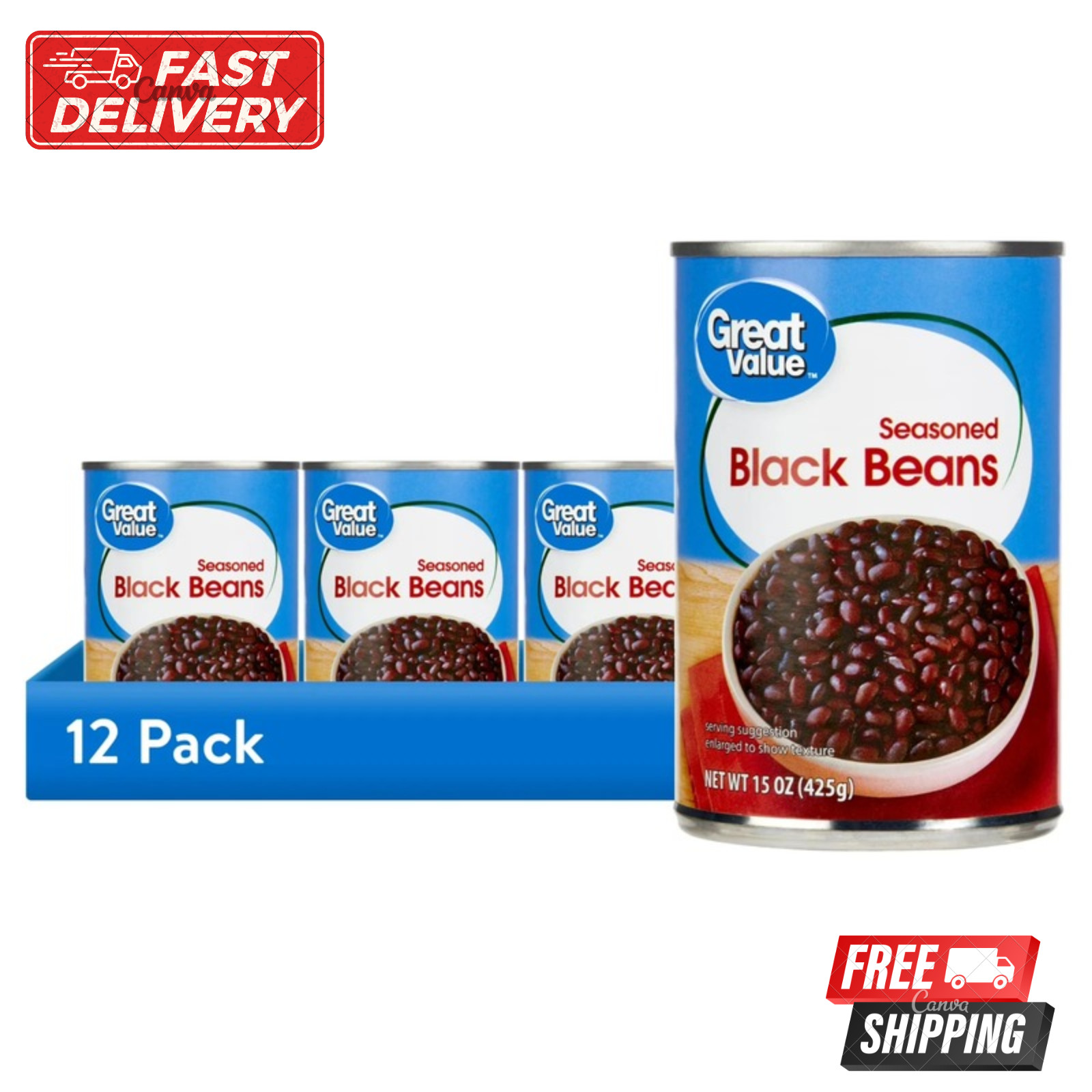 (12 pack) Great Value Seasoned Black Beans, 15 oz Can