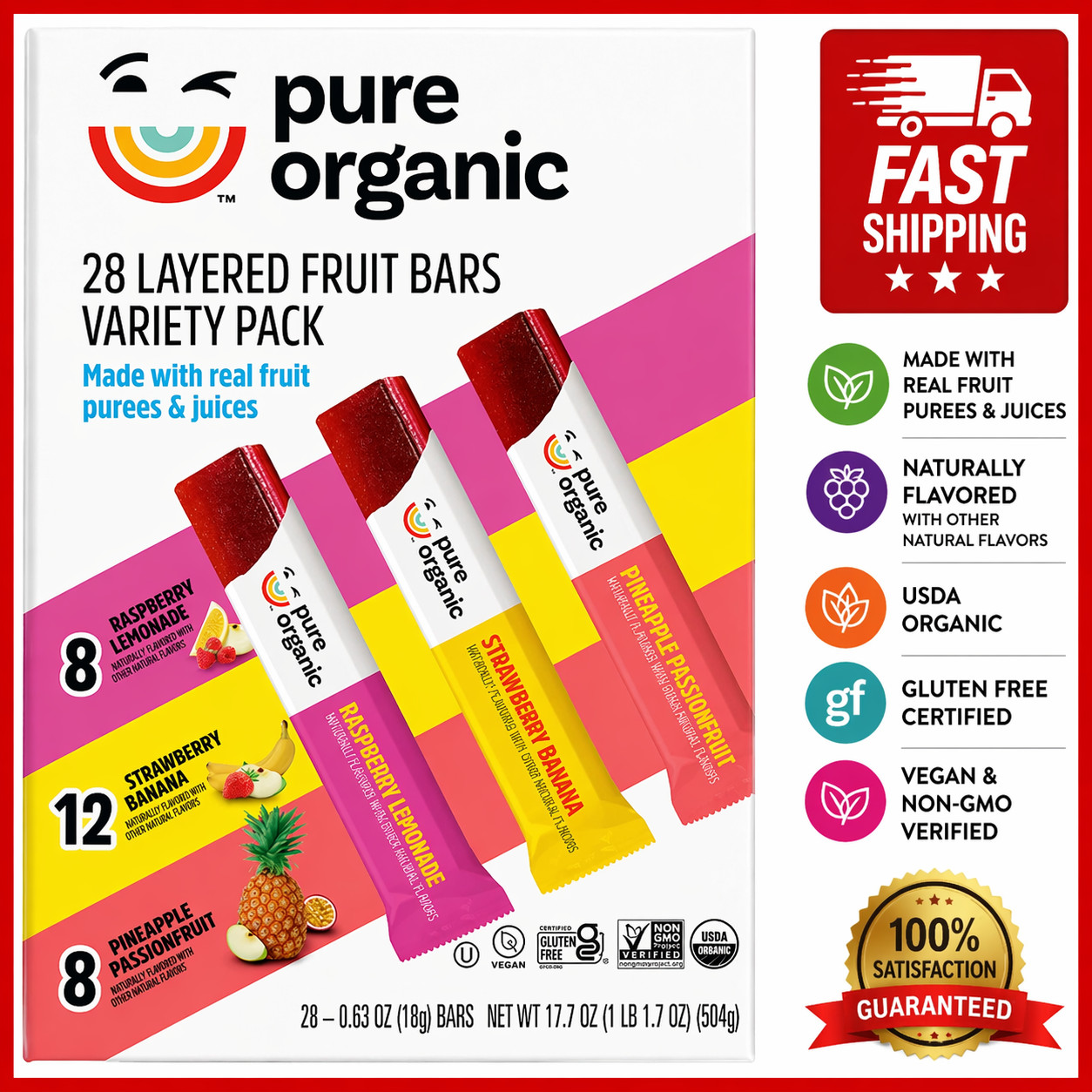 Pure Organic Layered Fruit Bars Variety Pack, 28 Count, Real Fruits, Vegan
