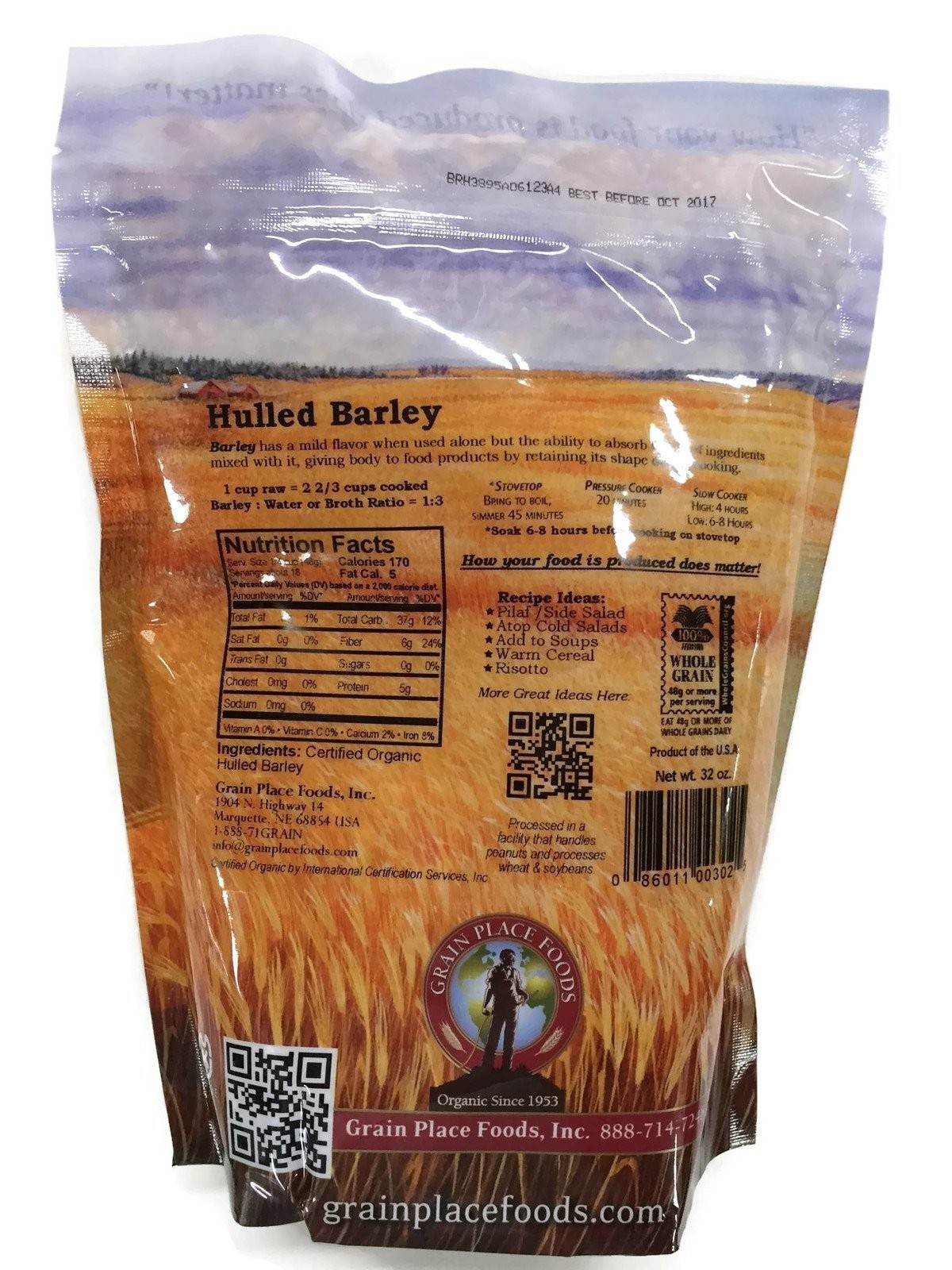 Organic Hulled Barley Non GMO Made in USA 2 lb Bag