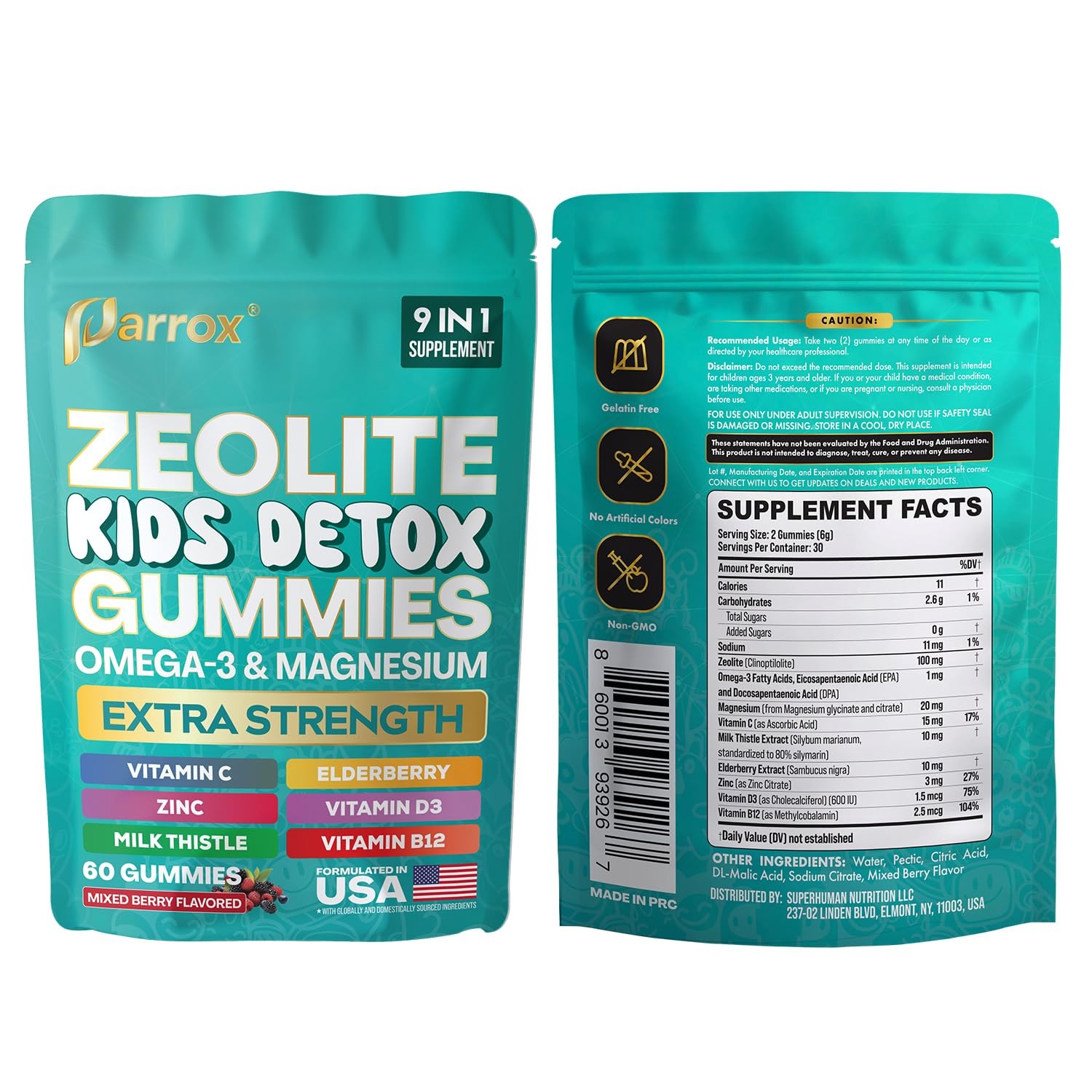 Parrox Zeolite Kids Detox Gummies, 9-in-1 Sugar-Free, 60 Count (Pack of 1)