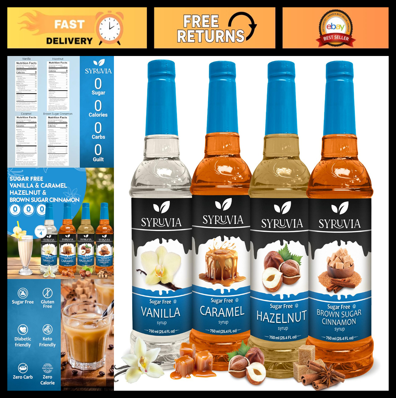 Sugar Free Coffee Syrup Variety Pack – Vanilla, Caramel, Hazelnut, Brown Sugar C