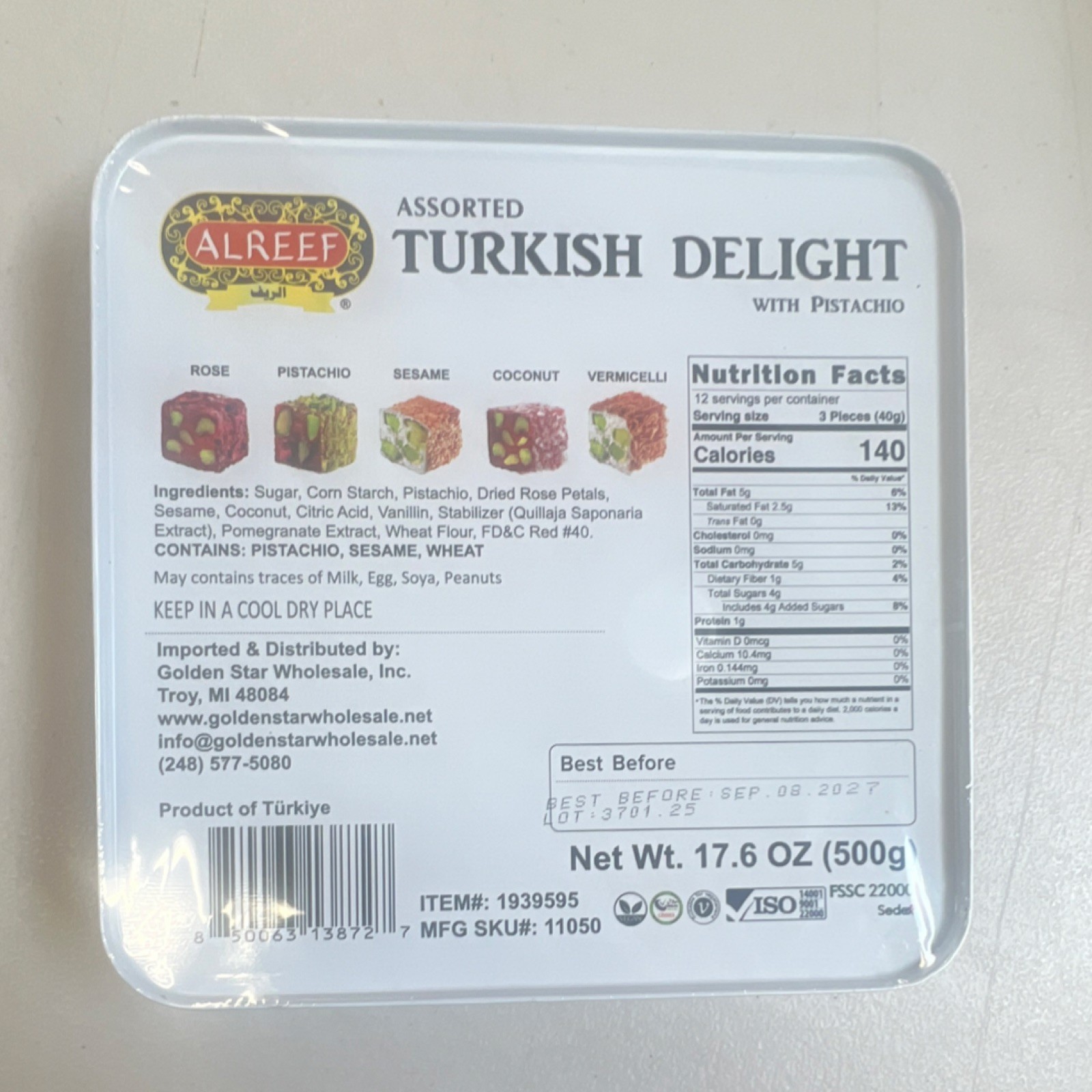 Alreef Assorted Turkish Delight Pistachio Rose Sesame Coconut 500g Box