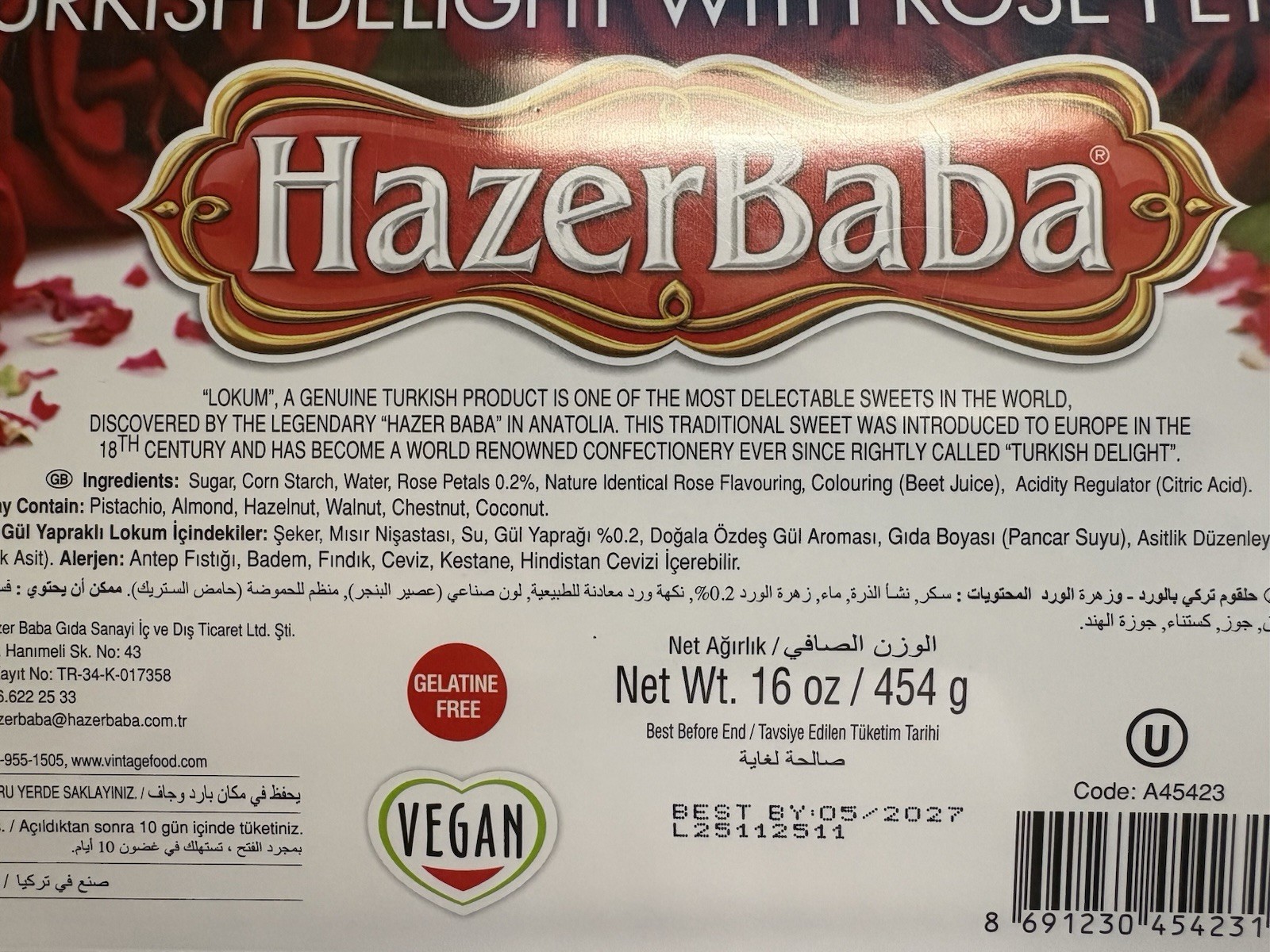 HazerBaba Turkish Delight with Rose Petals 16 oz/454 g VEGAN Resealable Bag
