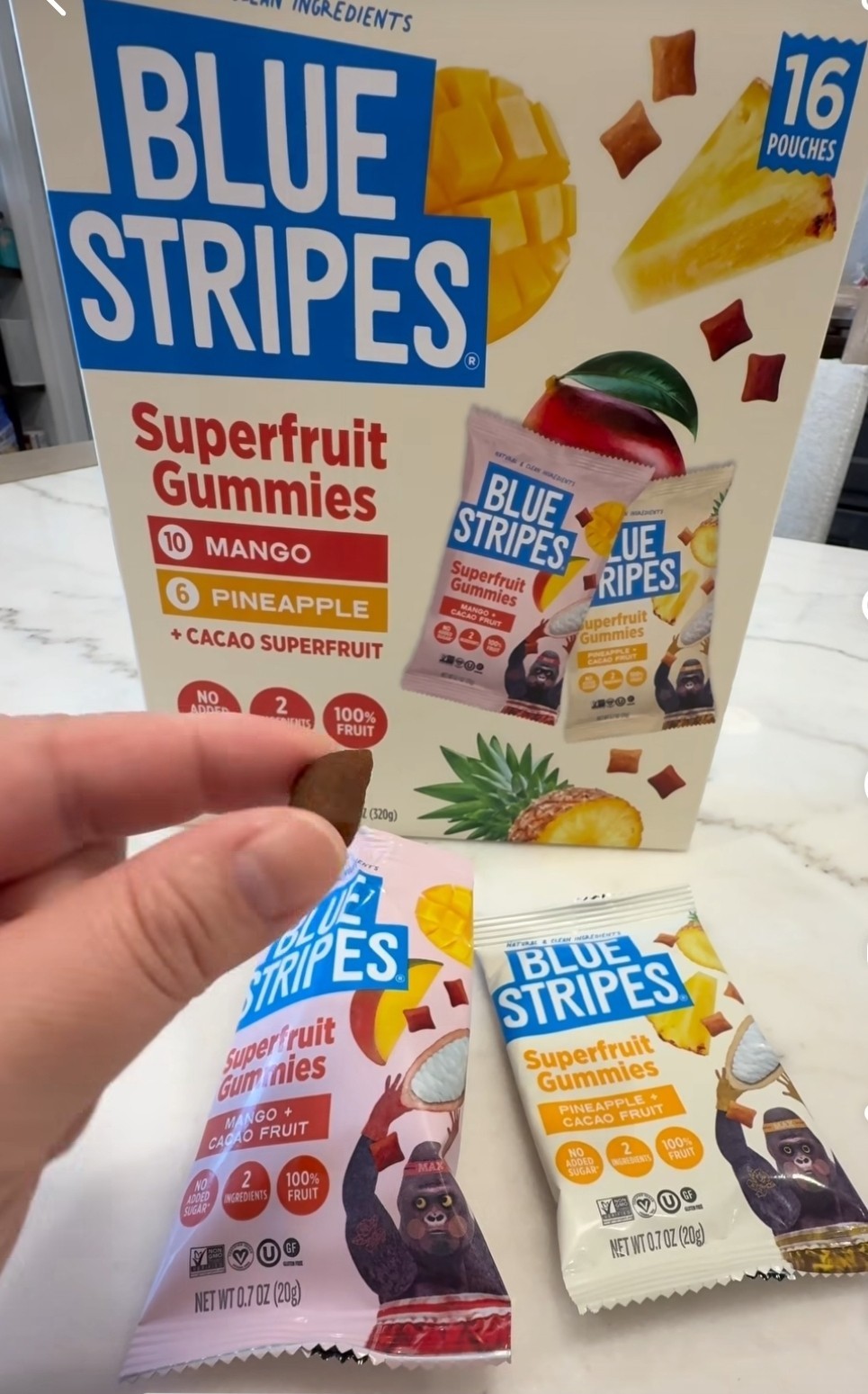 Blue Stripes Superfruit Gummies 16-CT No Sugar Cacao GF Vegan NON GMO Clean Kids