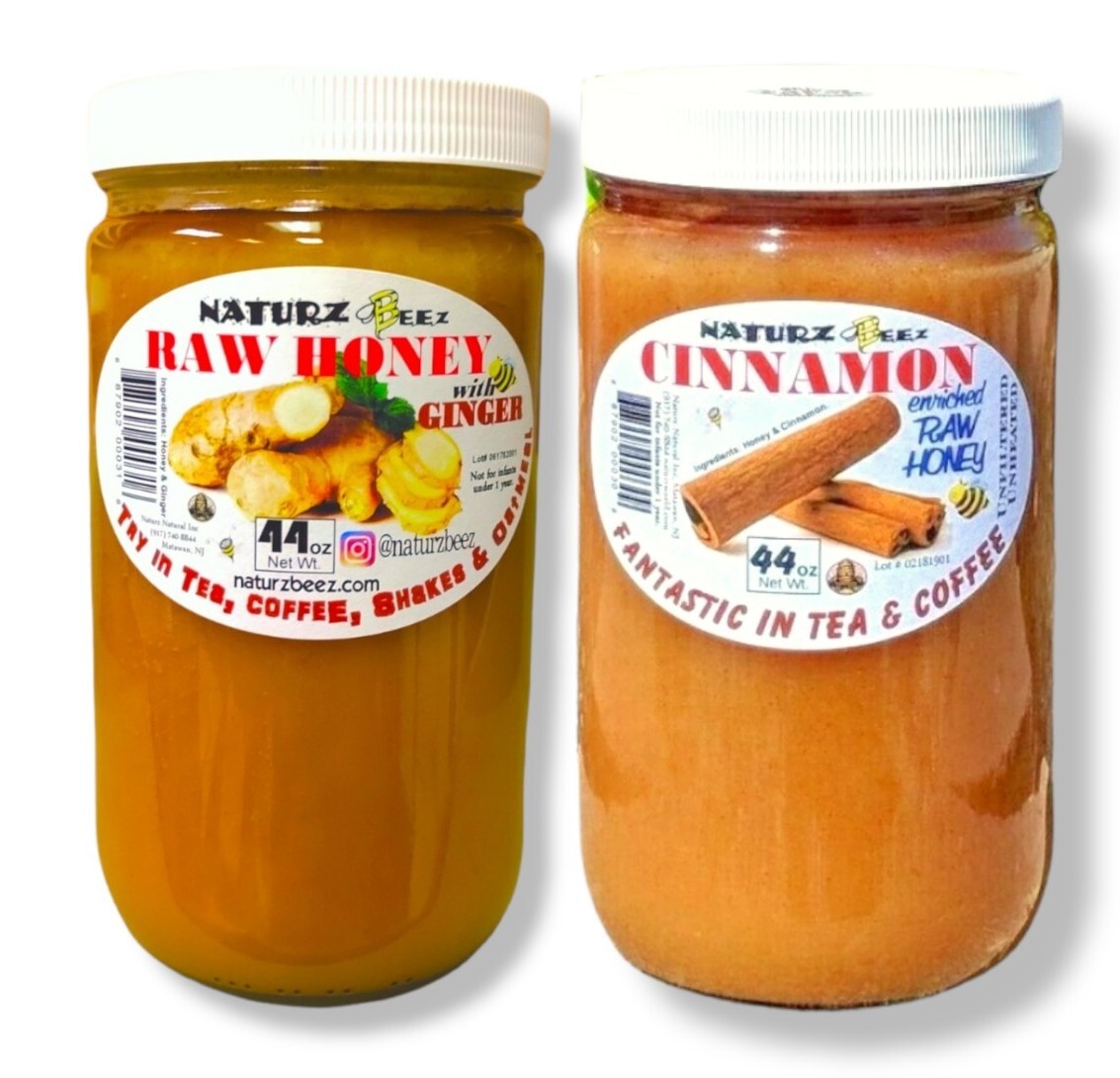 RAW HONEY GINGER 44oz RAW HONEY CINNAMON 44oz 2 PACK in Glass Total 88oz