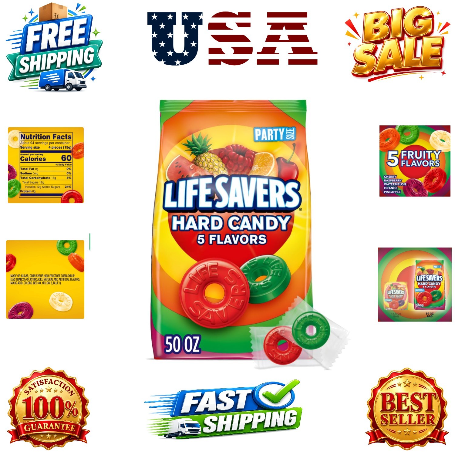 5 Flavors Hard Candy Party Size 50 oz Bag, Summer Road Trip Essentials