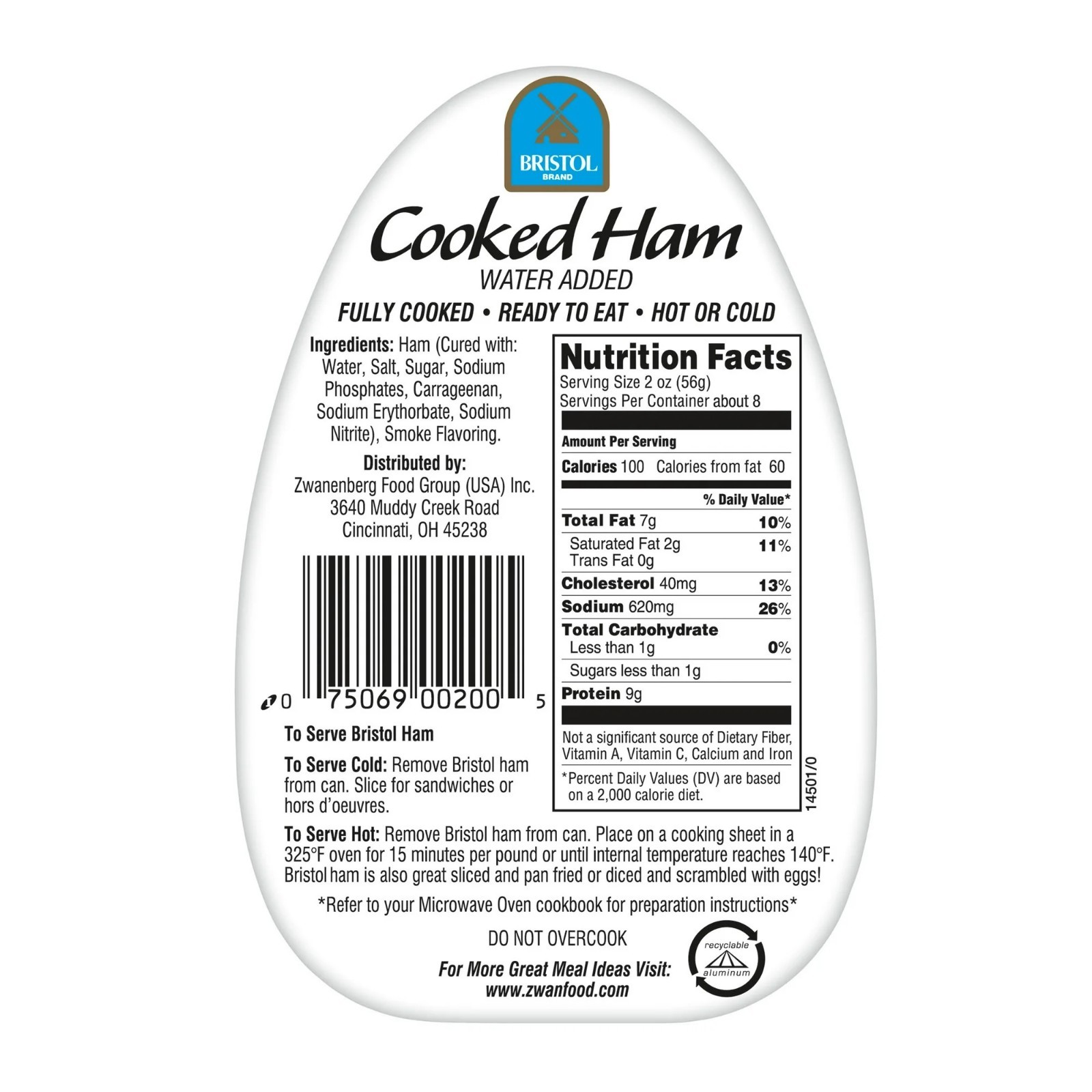 (4 Pack) Bristol Smoke flavor Cooked Ham, high Protein, 16 Oz aluminum can