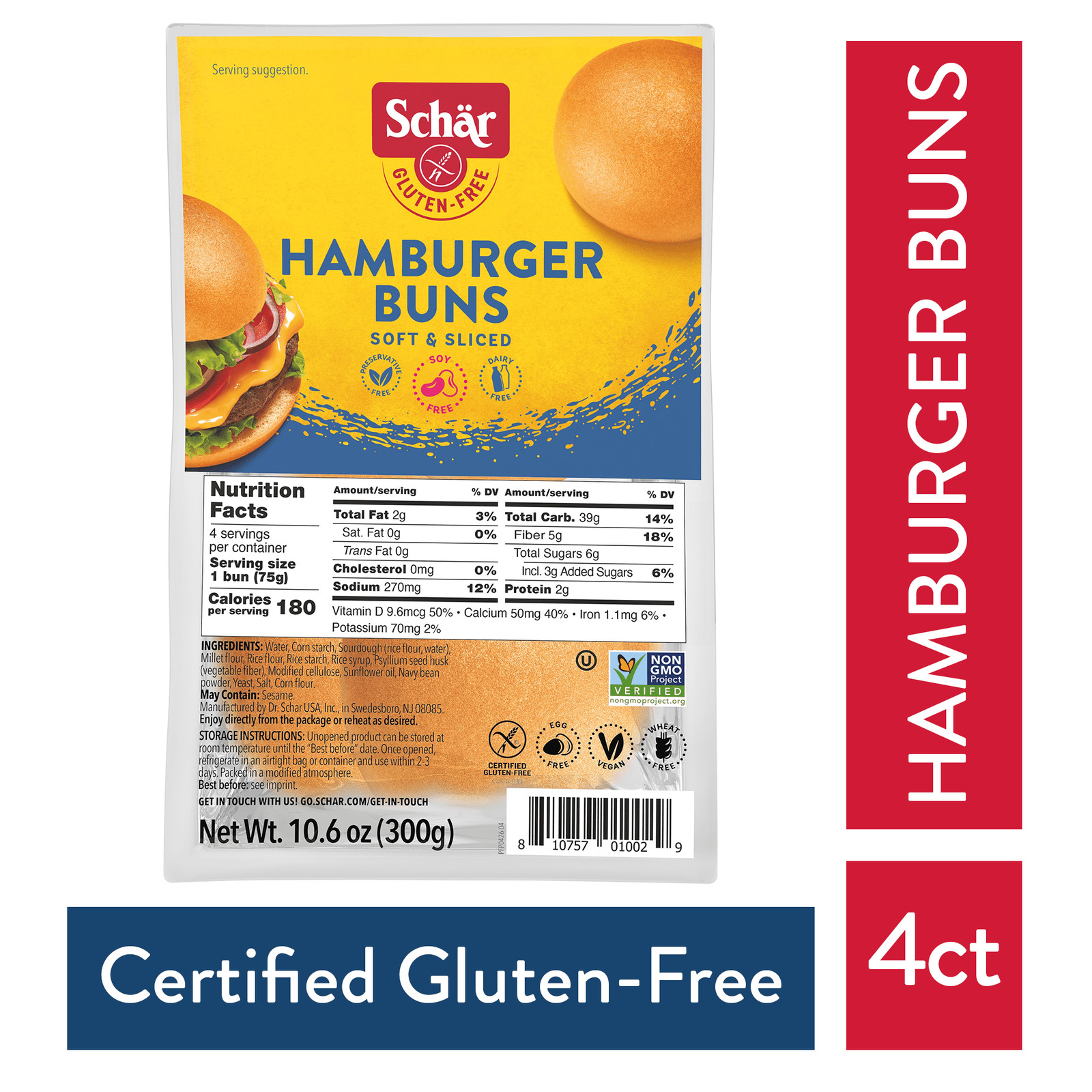 4 Count,Schar Gluten Free Hamburger Buns, 10.6 oz