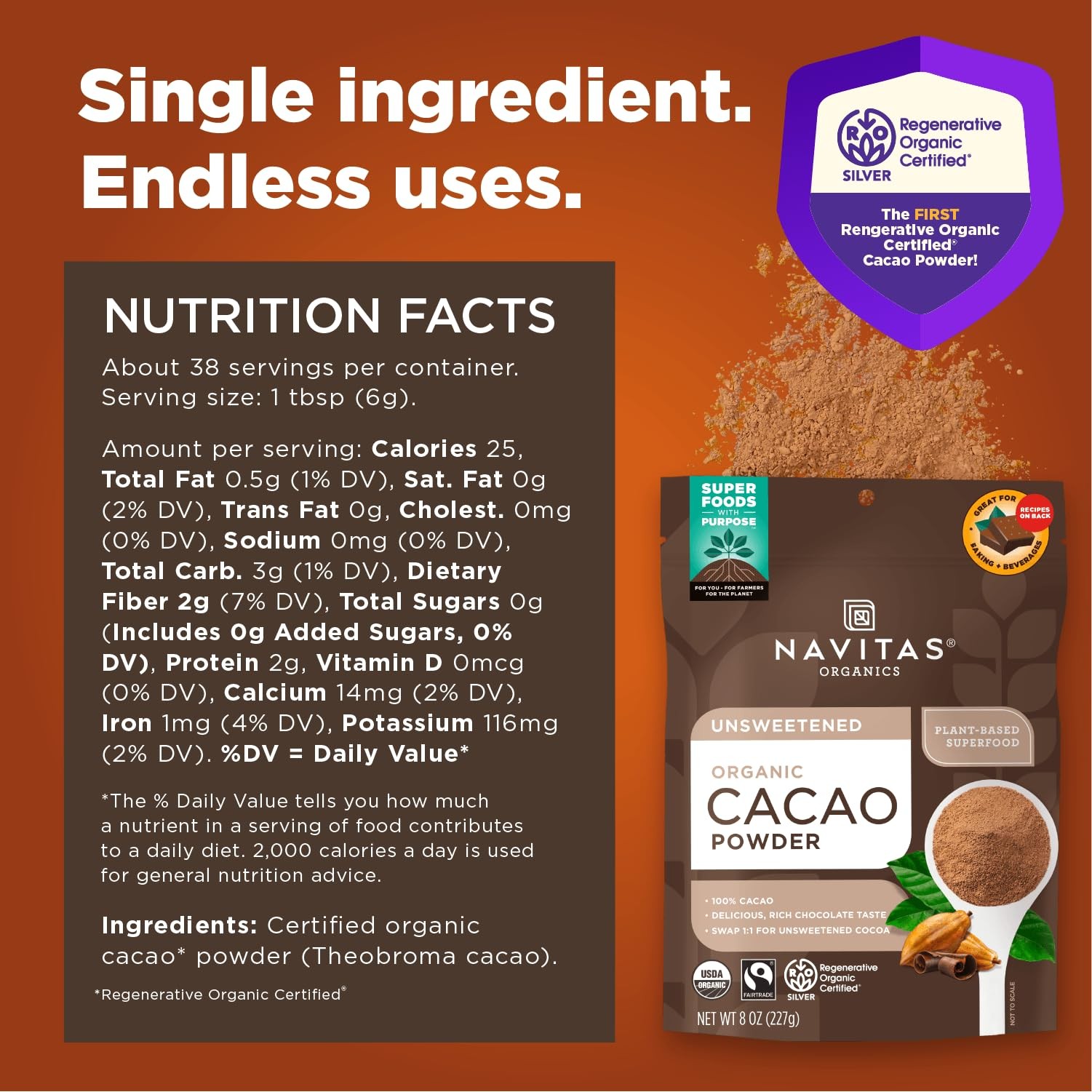 Organic Cacao Powder – Non GMO, Fairtrade, Gluten Free, 8oz, 38 Servings
