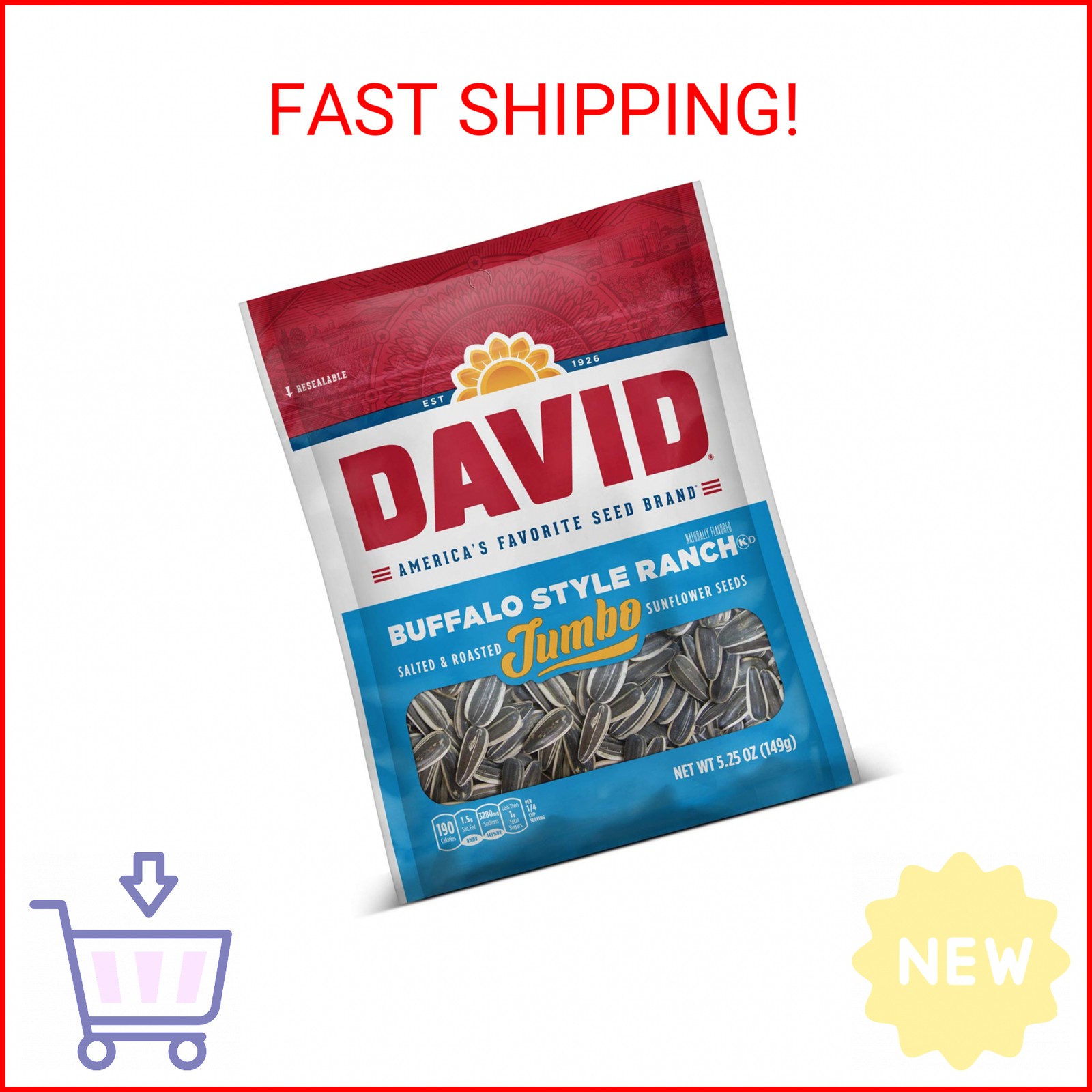 DAVID Roasted and Salted Jumbo Sunflower Seeds, Buffalo Style Ranch Flavor, 5.25