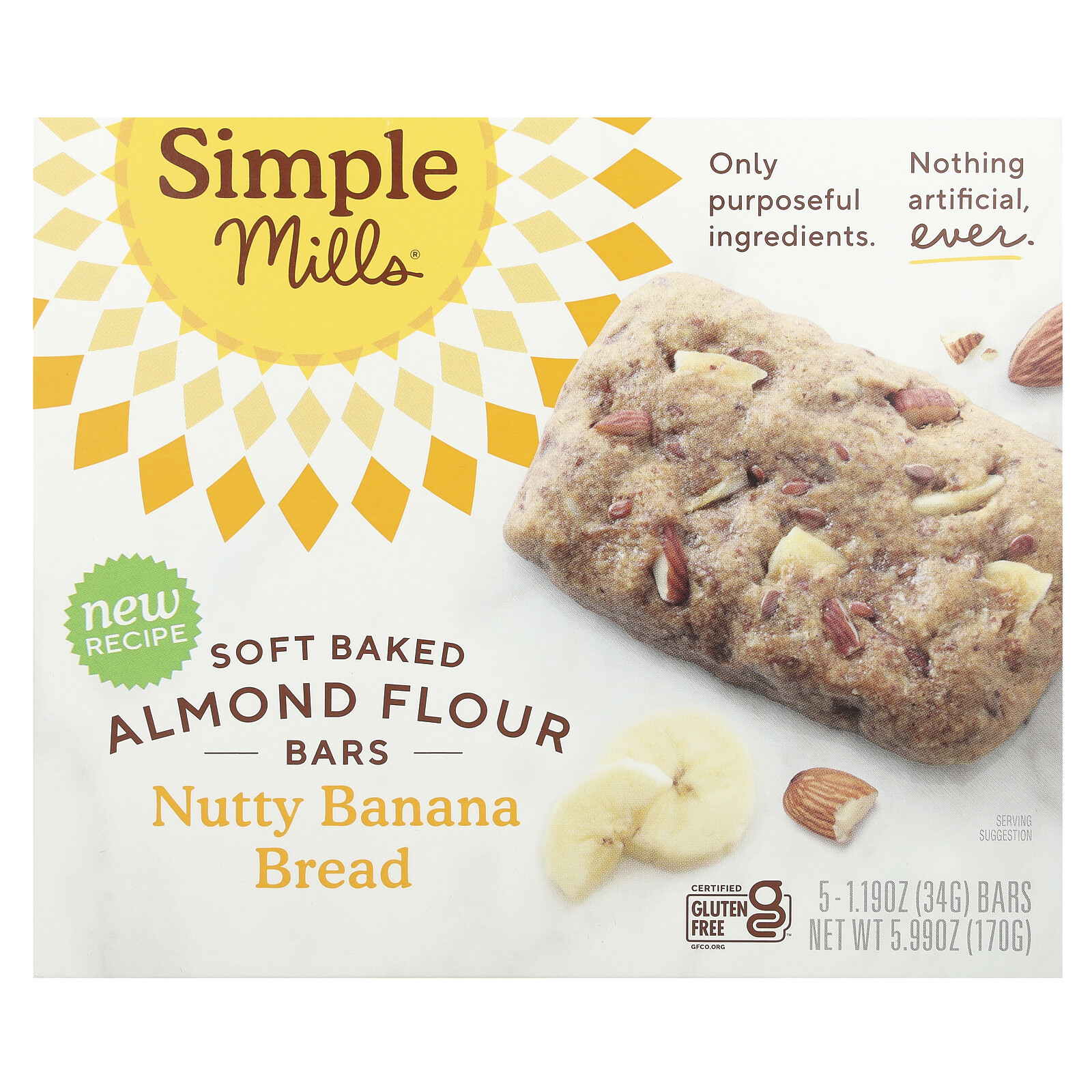 Soft Baked Almond Flour Bars, Nutty Banana Bread, 5 Bars, 1.19 oz (34 g) Each