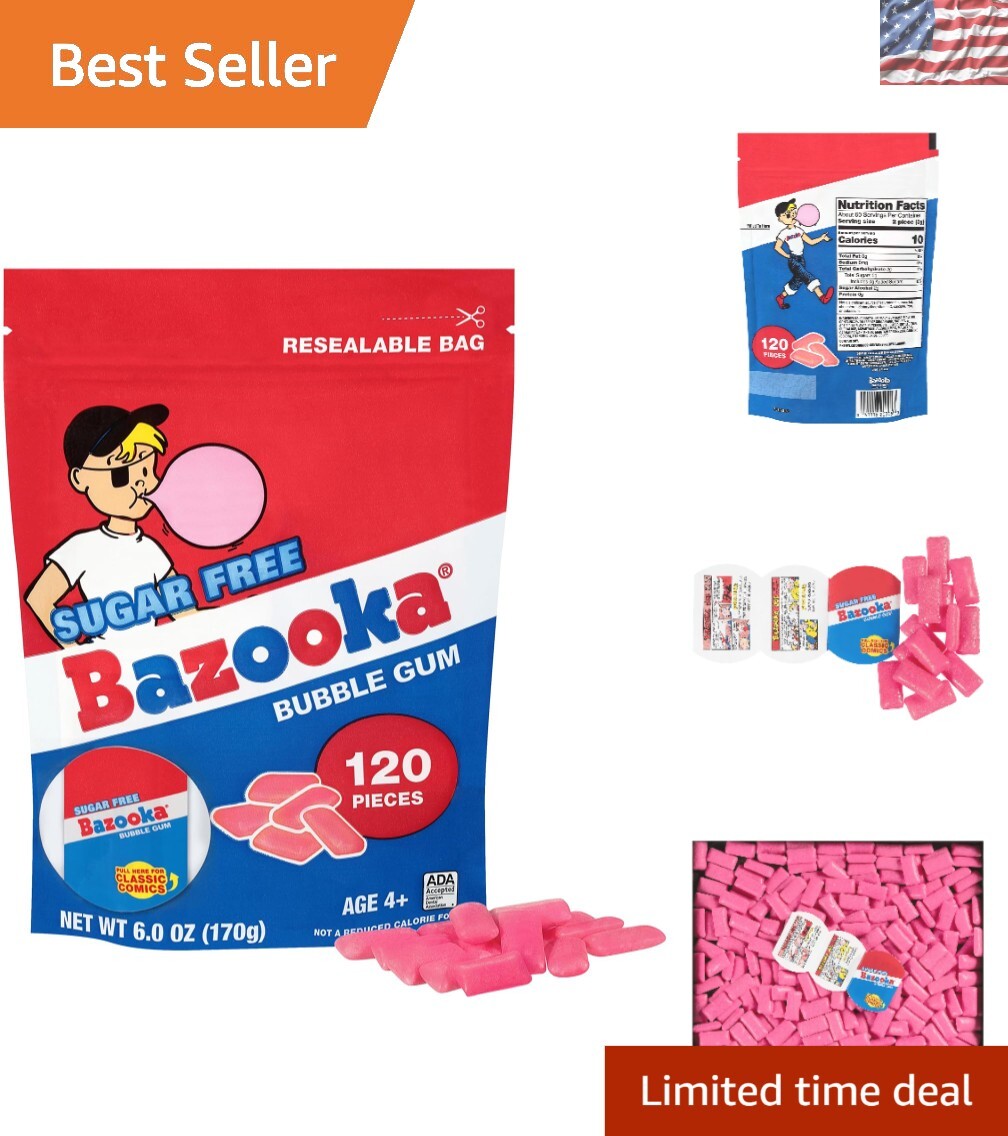 Bazooka Sugar-Free Bubble Gum Pellets Bag – 120 Count Bulk Gum, Original Flavor