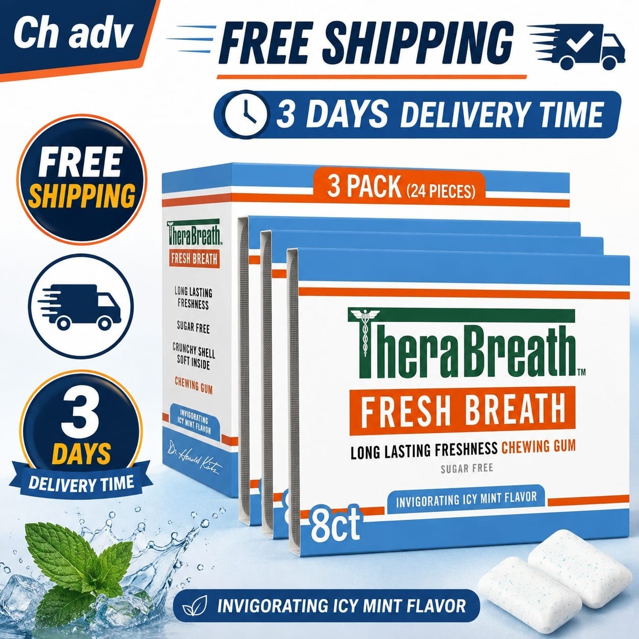 TheraBreath Fresh Breath Chewing Gum for Adults, Icy Mint Flavor, 3 Pack.