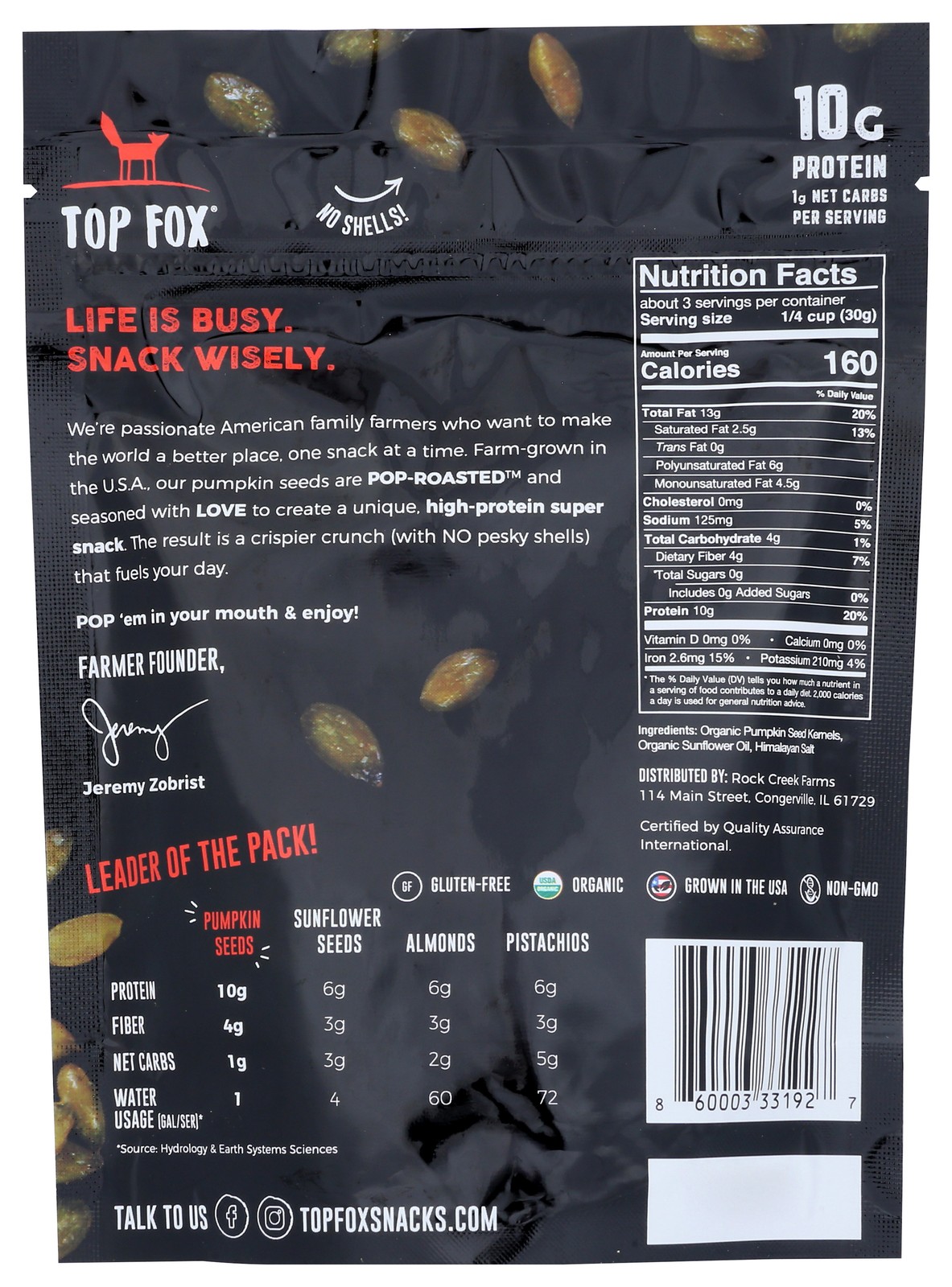 Top Fox Organic Pop Roasted Pumpkin Seeds Himalayan Salt 3.5 Oz 6 Pack