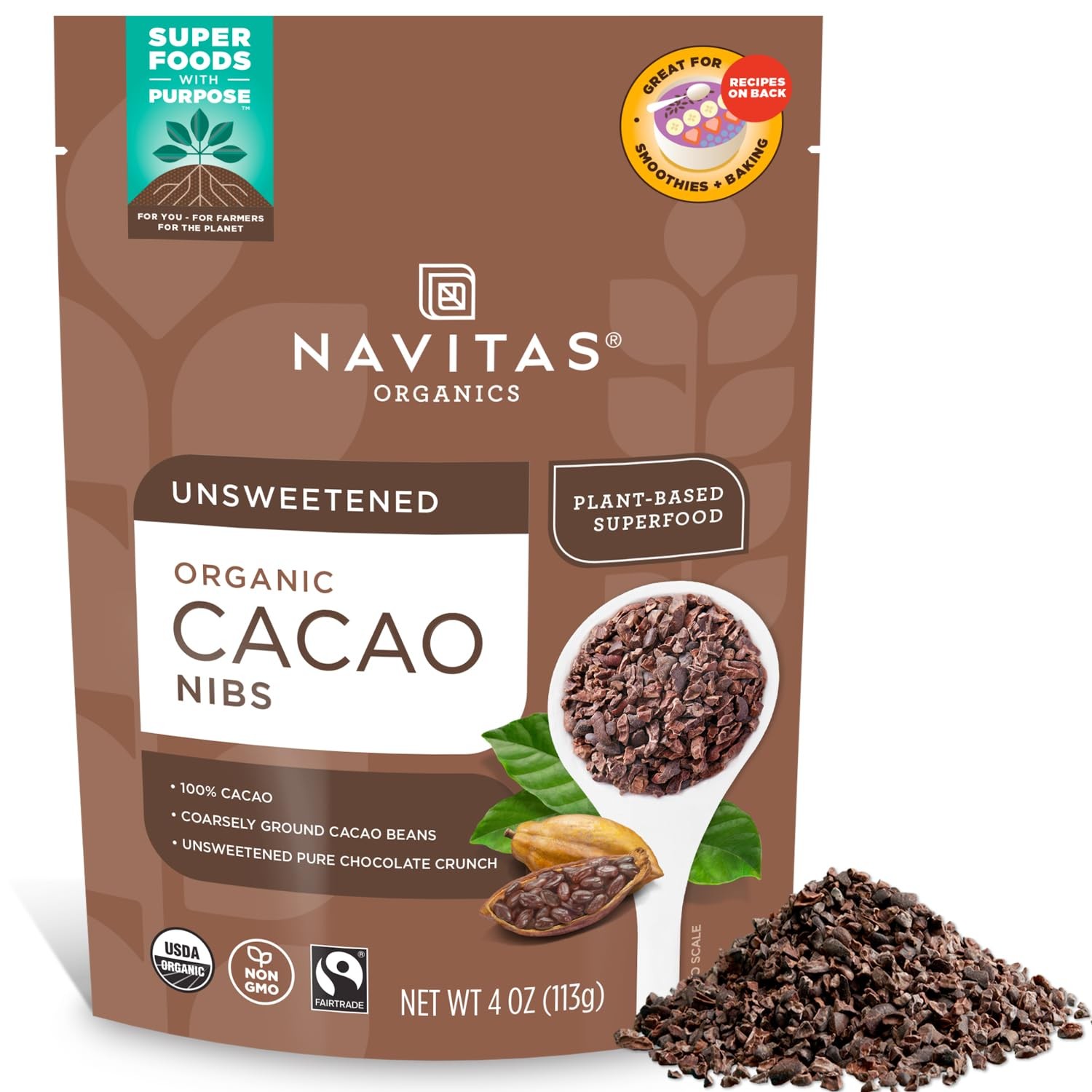 Navitas Organics Cacao Nibs – Unsweetened Dark Chocolate 4 Ounce (Pack of 1)