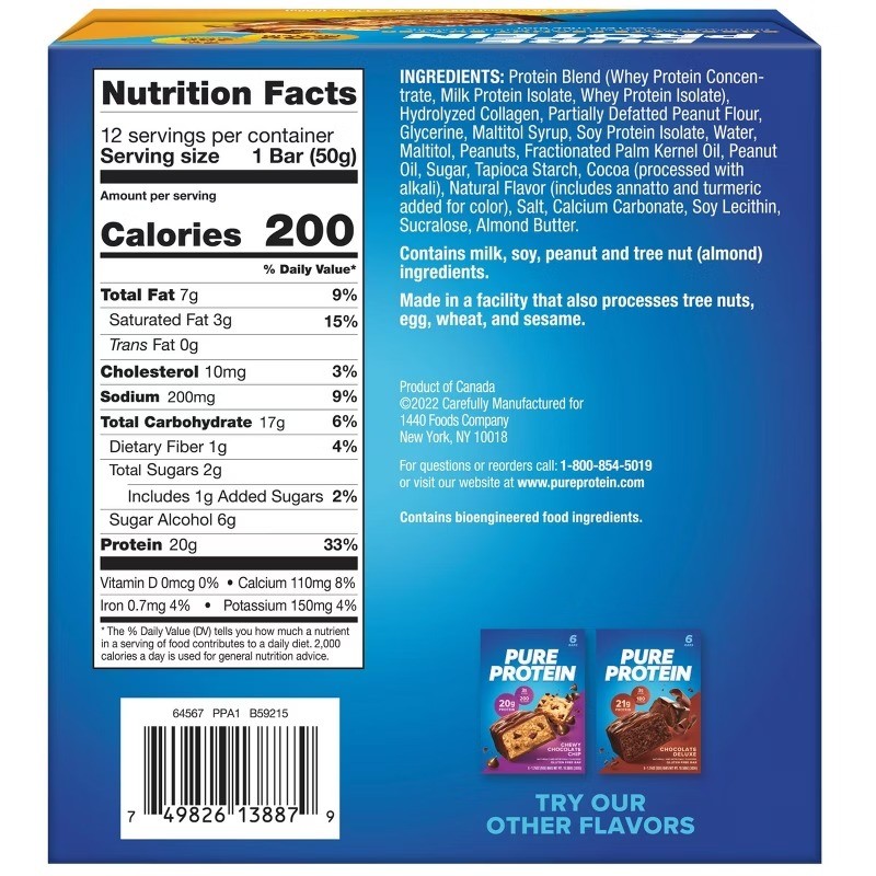 Pure Protein Choc PB Bar 20g Protein 12ct Gluten-Free Chewy
