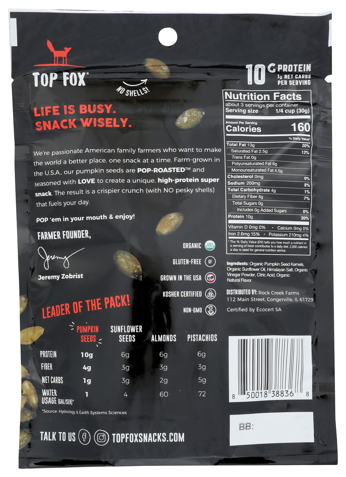 Top Fox Salt & Vinegar Pop Roasted Pumpkin Seeds Organic Protein Snack 6 Pack