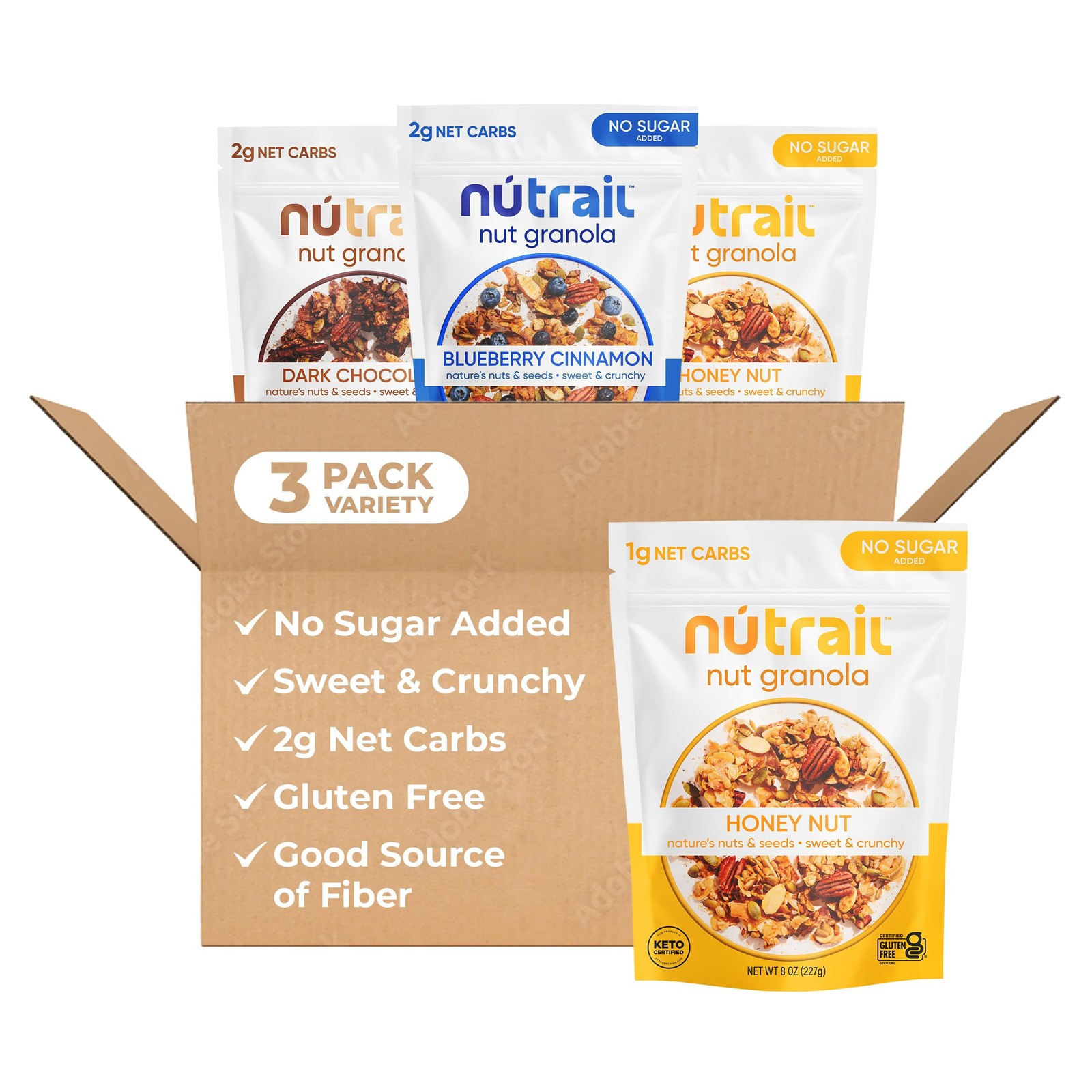 NuTrail Nut Granola Cereal, Variety Pack, No Sugar Added, 8 Ounce (Pack of 3)