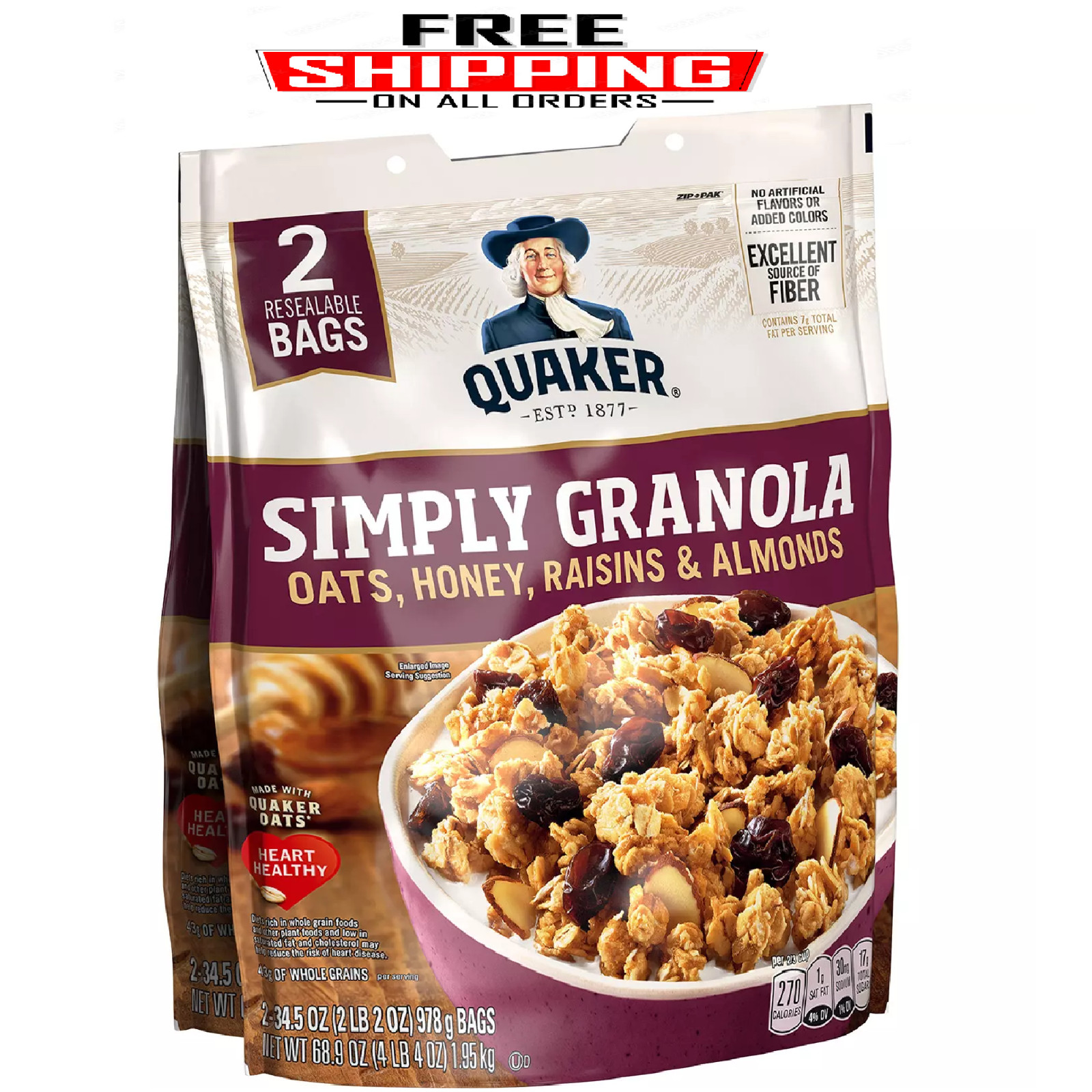 2 PACK – Quaker Simply Granola Oats Honey Raisins Almond 34.5 oz (Total 68.9 oz)