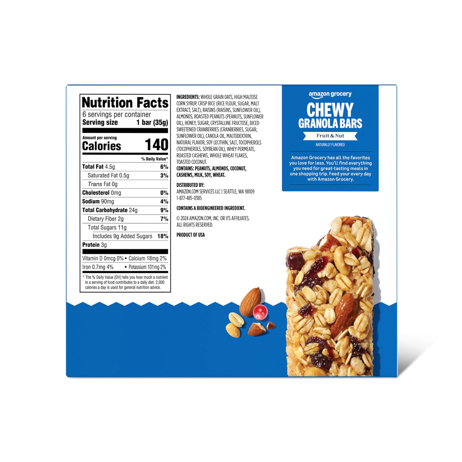 Amazon Grocery, Fruit & Nut Chewy 6 Count (Pack of 1), Brown, Red, Green