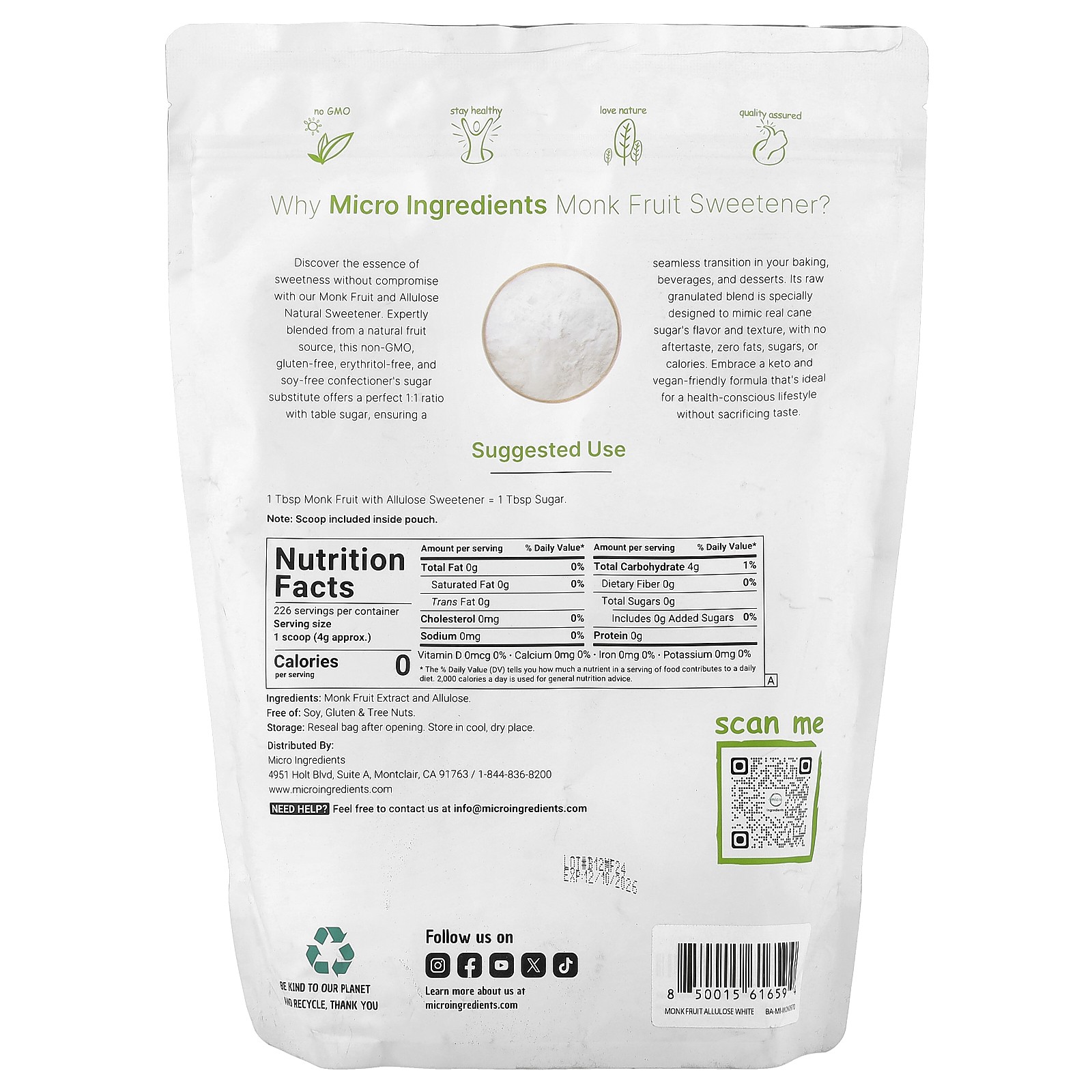 Monk Fruit Sweetener with Allulose, Classic White, 2 lb (907 g)