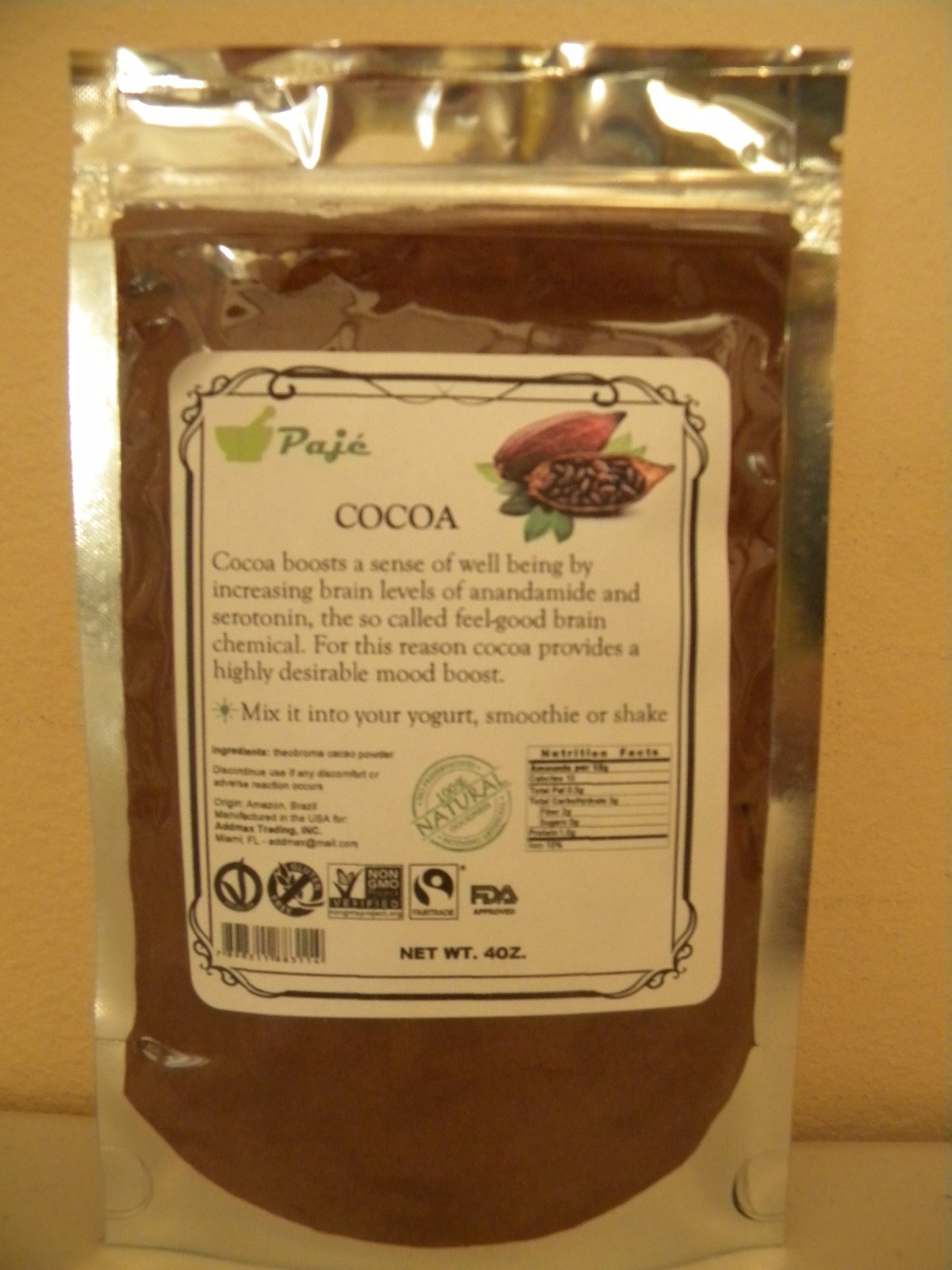 COCOA CACAO CACAU seed powder 16oz 1lb Mood, Serotonin, chocolate PAJE POWDER