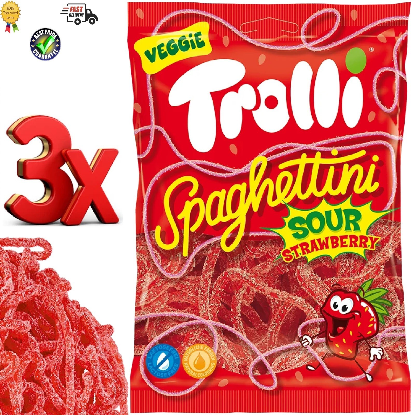Trolli Spaghtetiini Sour Strawberry Sweets Candy 3 x Bags Of 100gr / 3.53oz
