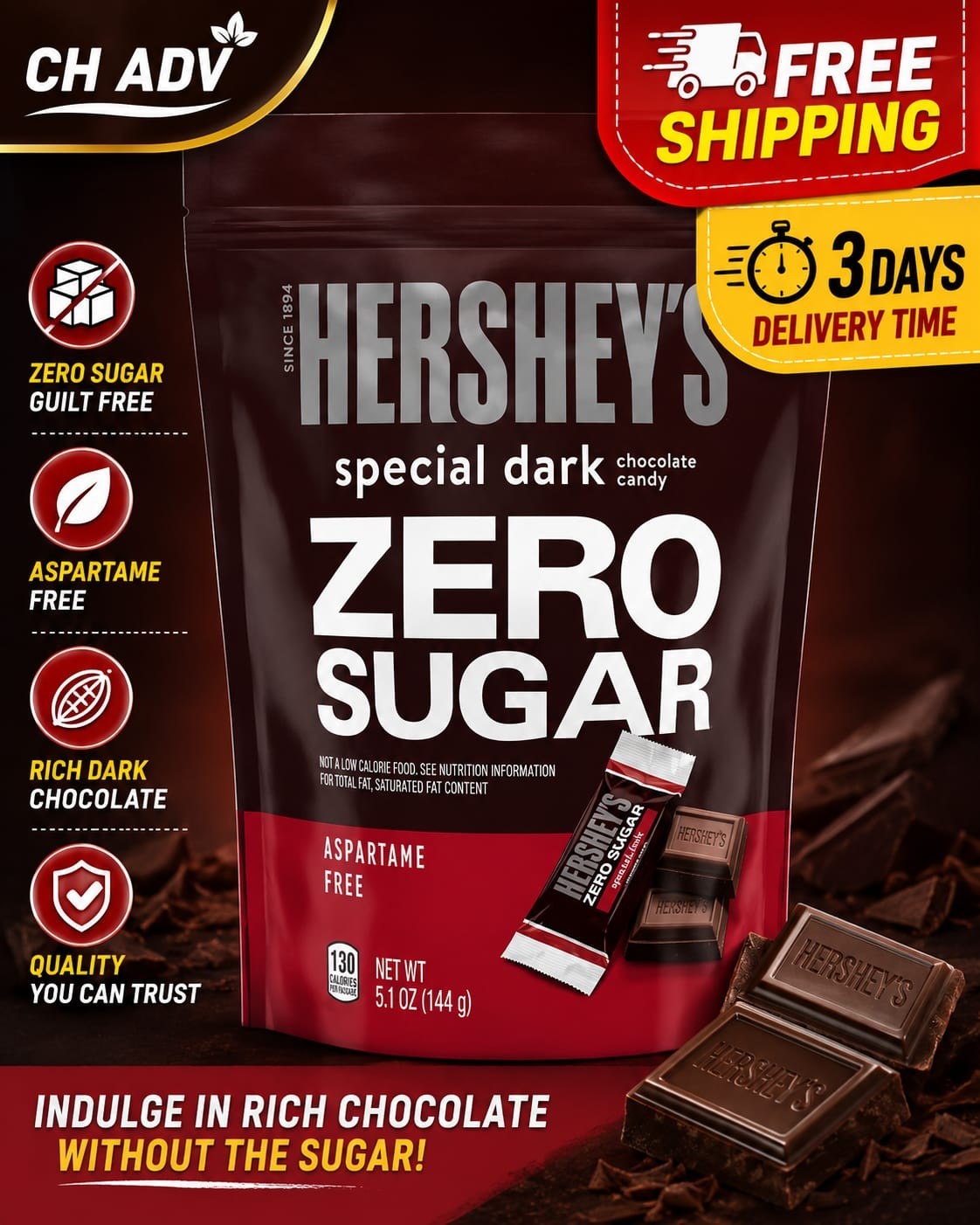 Hershey’s Special Dark Zero Sugar Chocolate Candy 5.1 oz Bag – Sugar-Free Treat