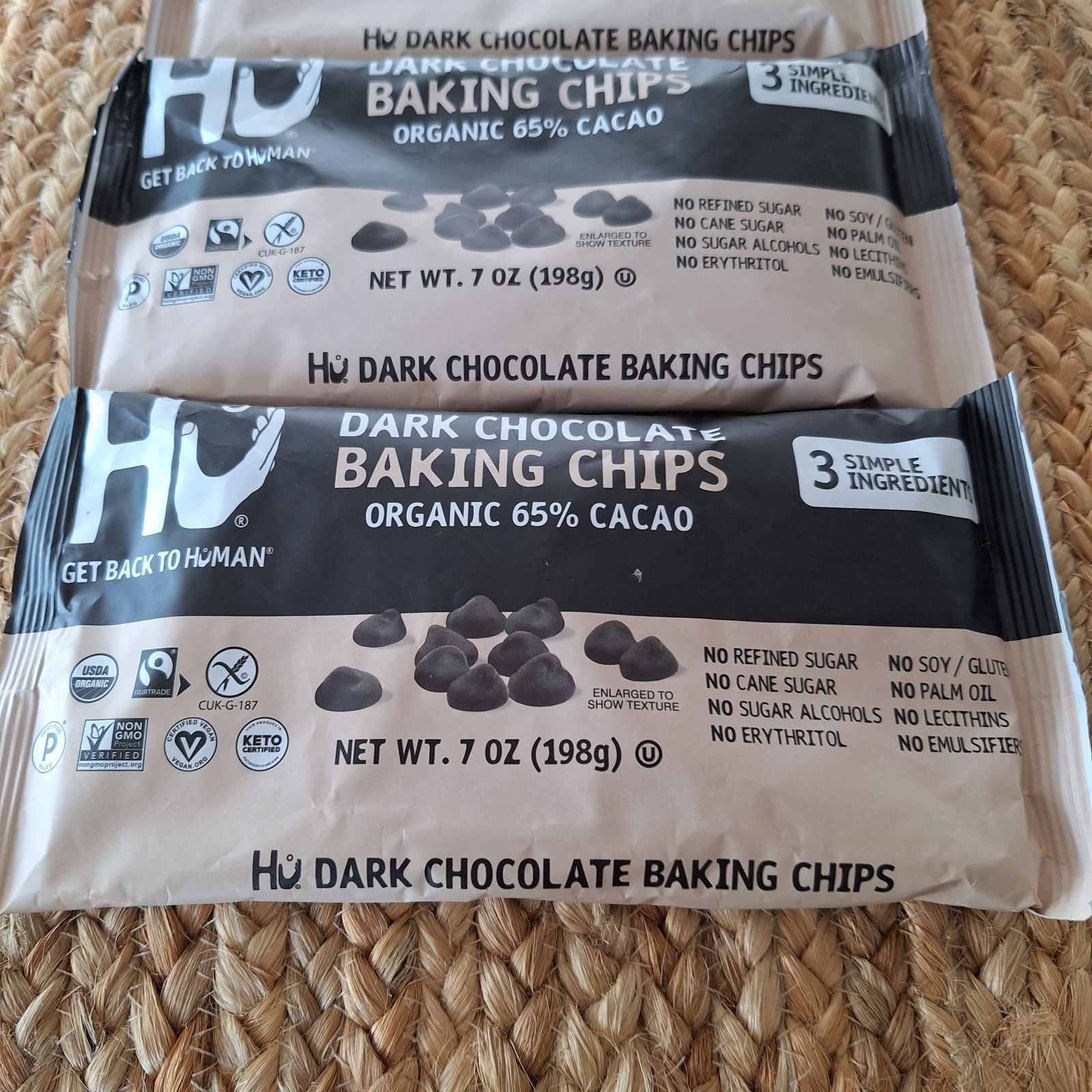 4 Bags Hu Organic Dark Chocolate Baking Chips 65% Cacao 10/2027