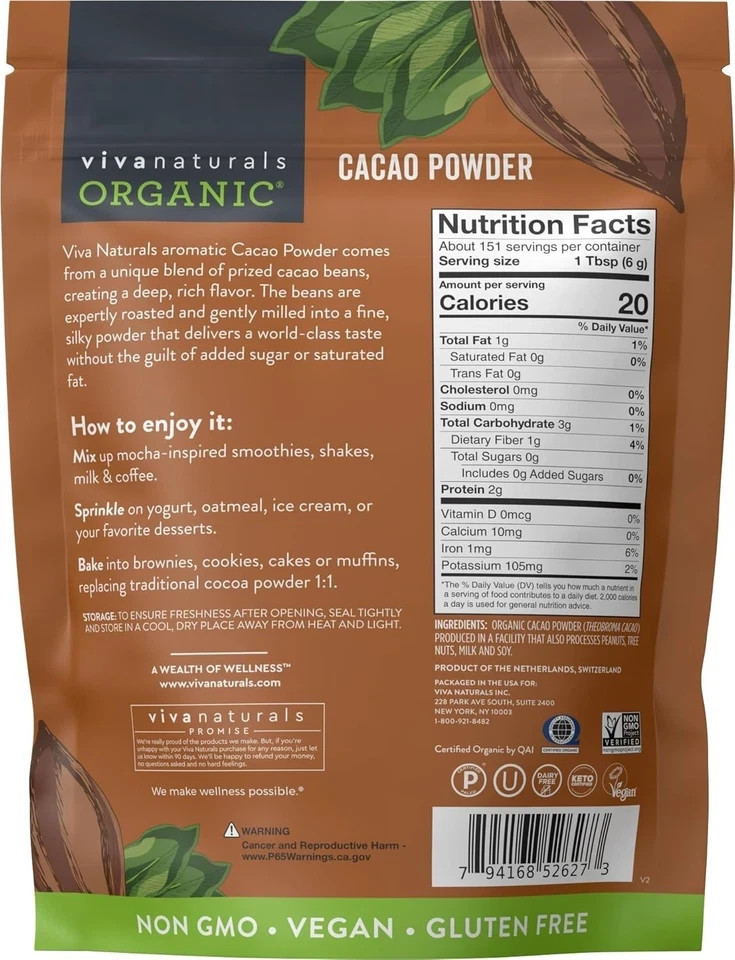 Organic Cacao Powder, Unsweetened, 2 lb 907 g Rich Dark Chocolate Flavor 2 Pound