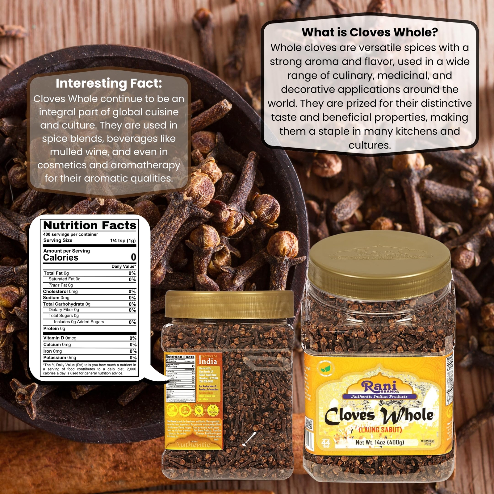 Rani Cloves Whole (Laung) 14oz (400g) Bulk PET Jar