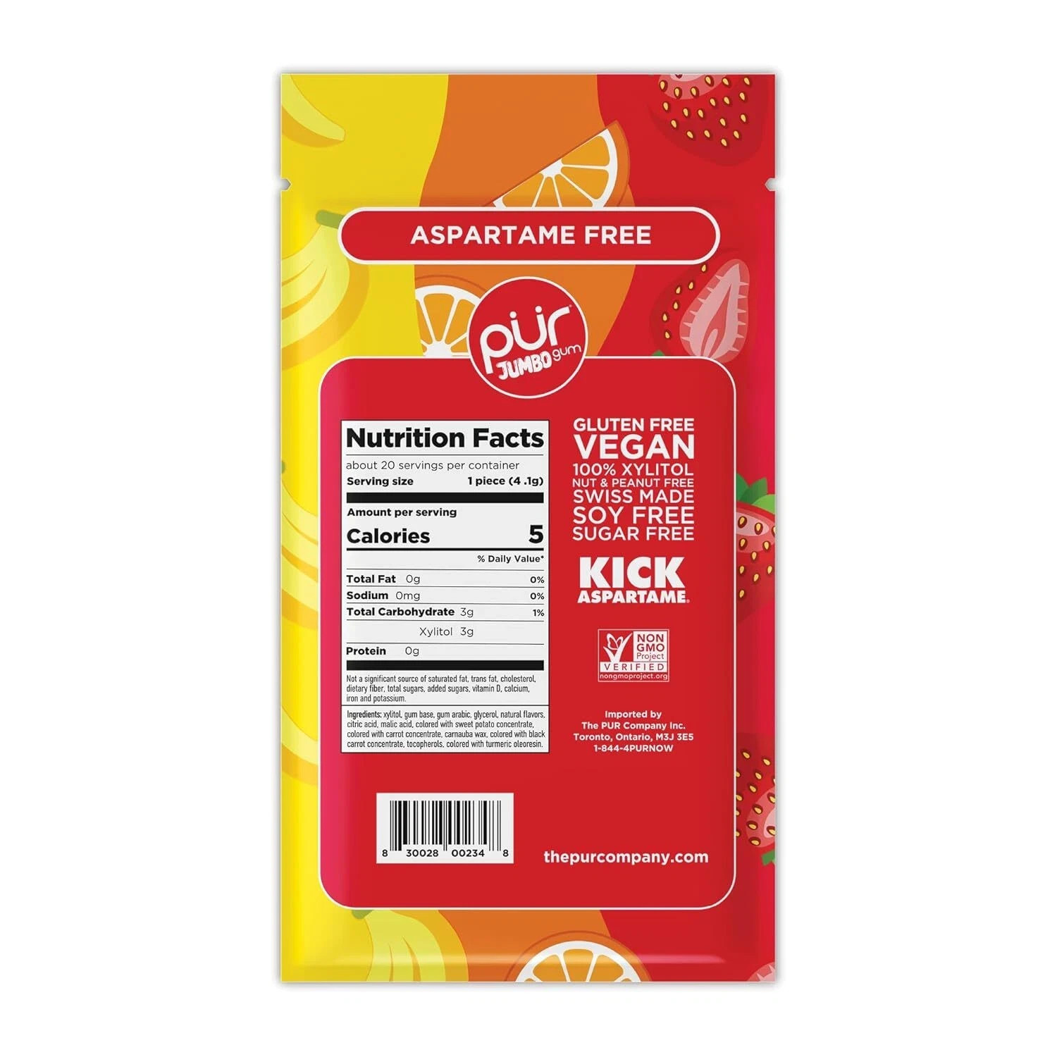 PUR Jumbo Gum | Aspartame Free Chewing Gum | 100% Xylitol, 20 Pieces (Pack of 3)