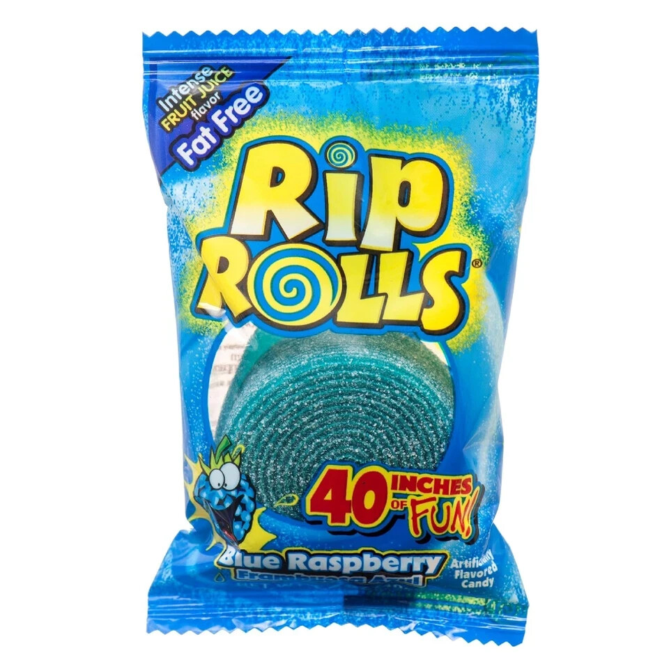 6x Packs Rip Rolls Blue Raspberry Fat Free Candy, 40 Inches of Fun – 1.4oz