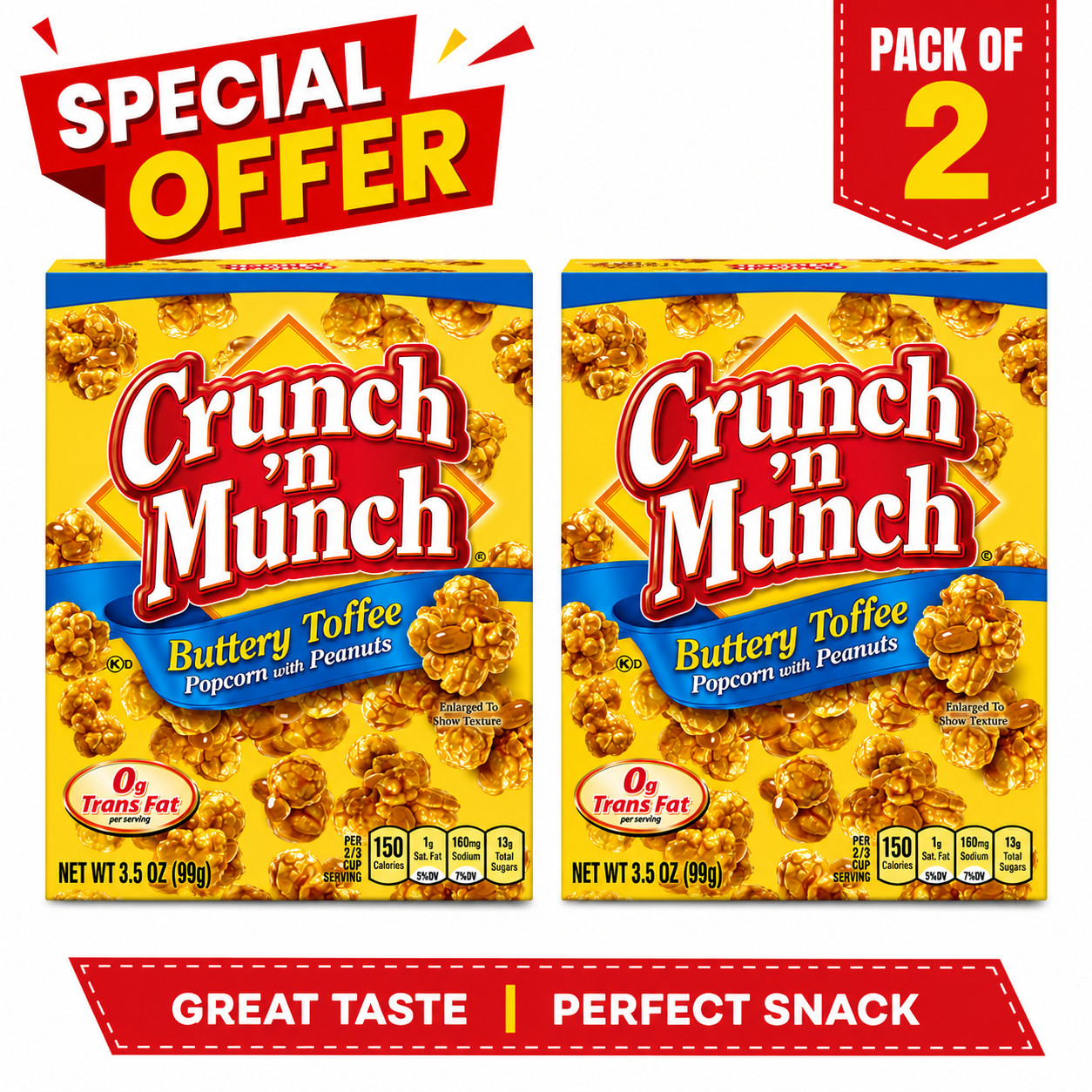 Crunch ‘n Munch Buttery Toffee Popcorn with Peanuts 3.5 oz Pack of 2 Snack Box