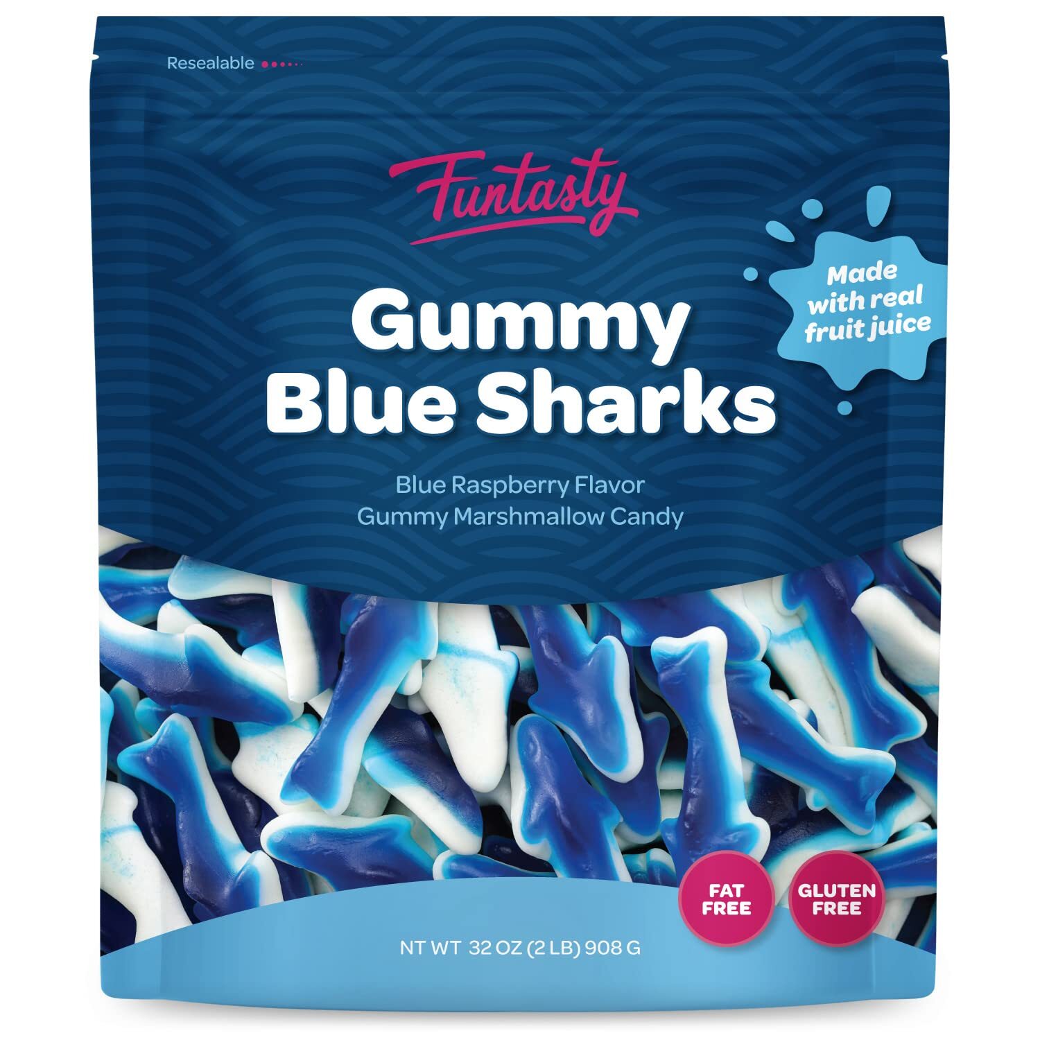 Funtasty Blue Sharks Gummy Marshmallow Candy, Blue Raspberry Flavor